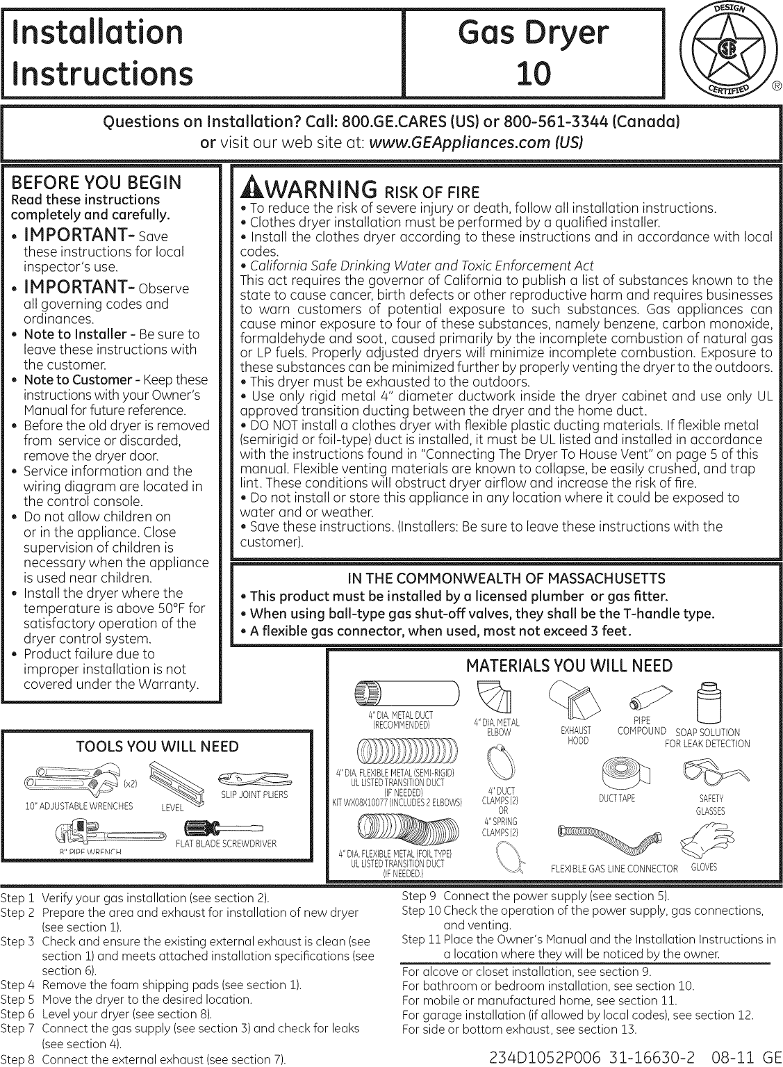 GE GFDN110GD2WW User Manual GAS DRYER Manuals And Guides 1211088L