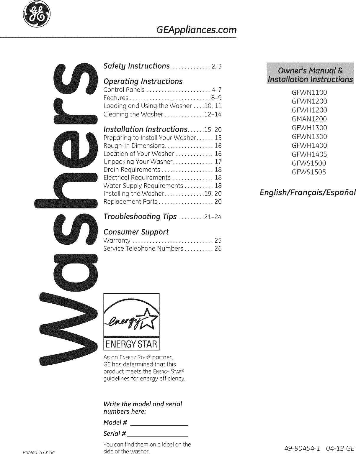 GE GFWH1200D0WW 1206266L User Manual WASHER Manuals And Guides