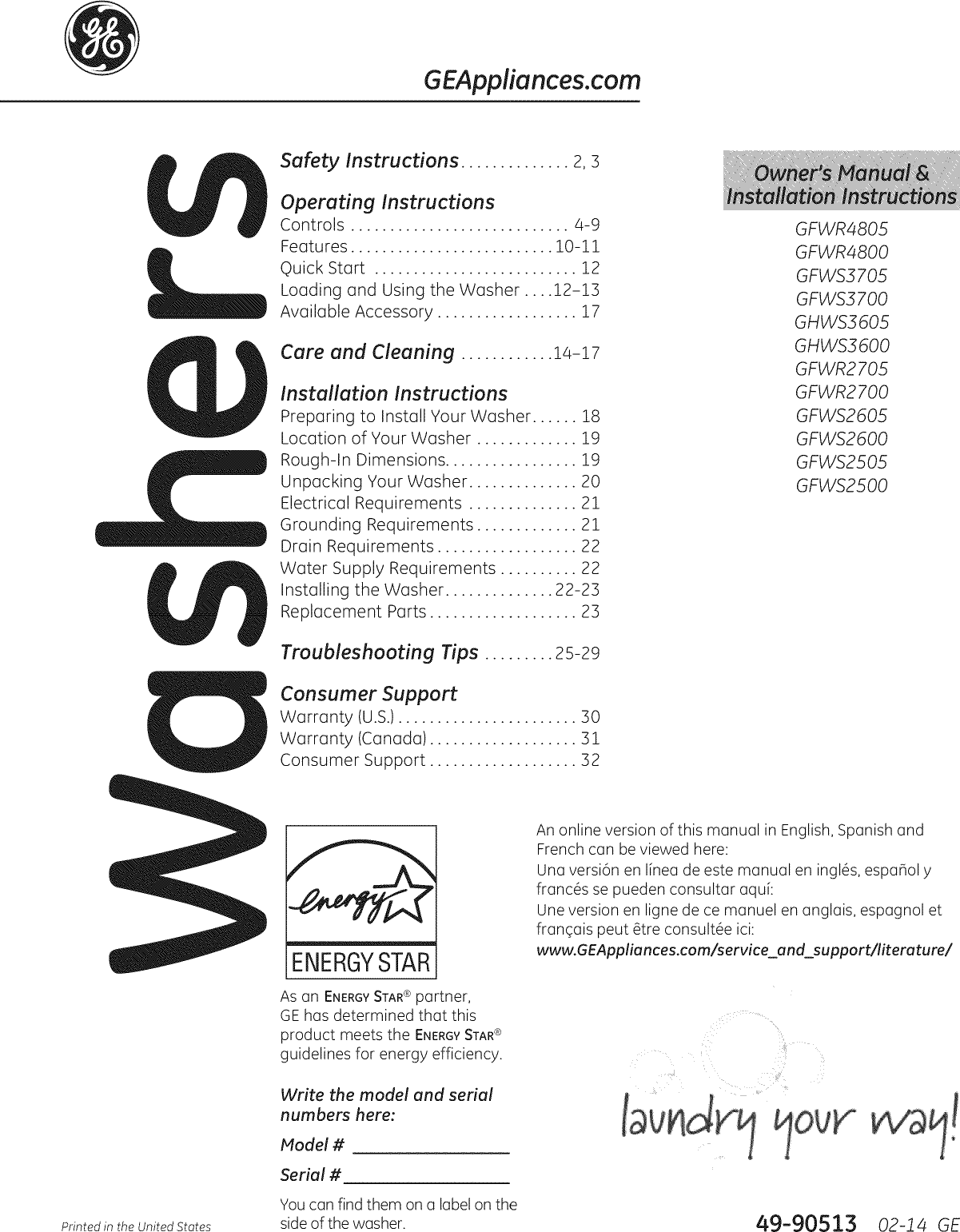 GE GFWR2700H0WW User Manual WASHER Manuals And Guides 1405198L
