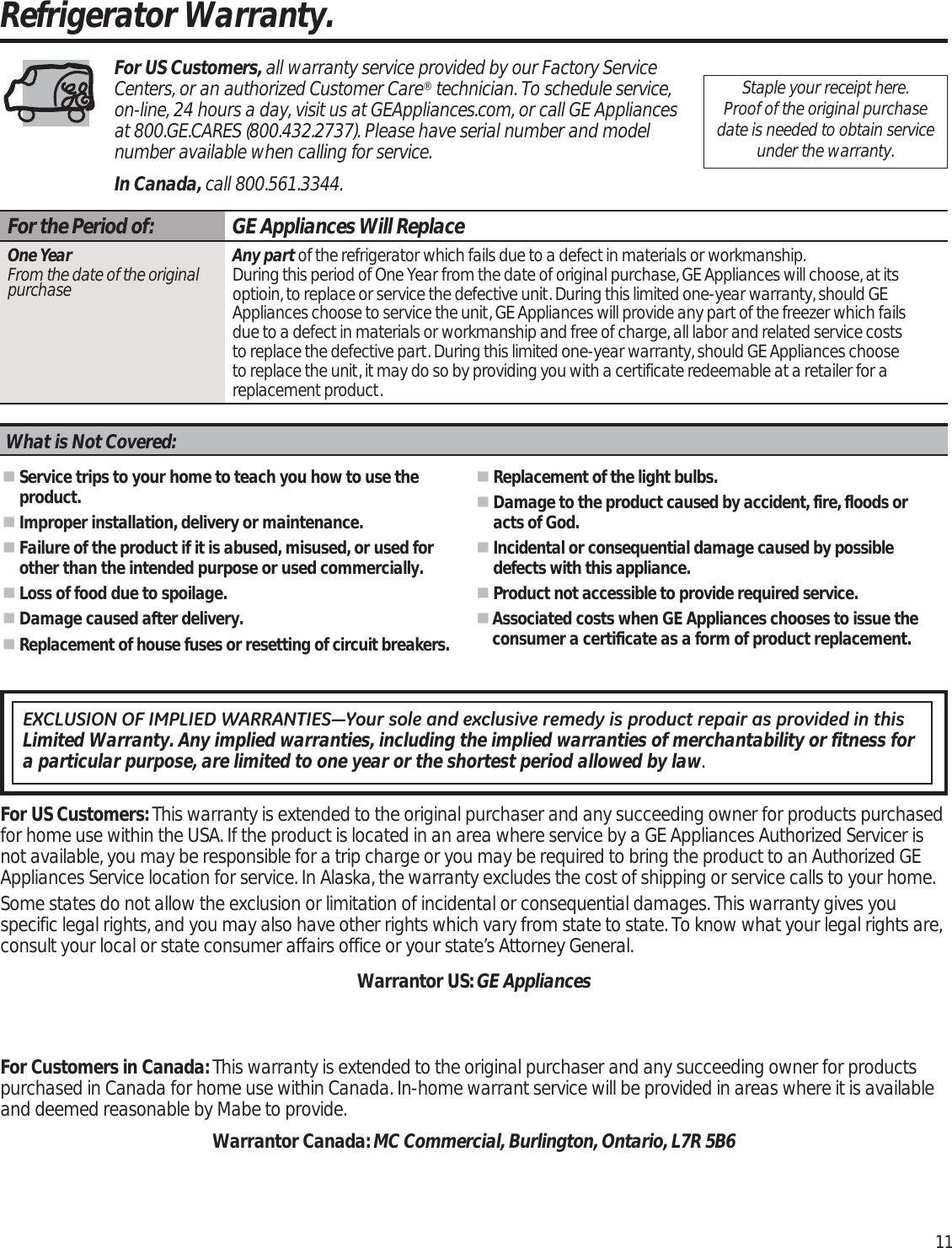 Page 11 of 12 - GE GME04GGKBBB User Manual  COMPACT REFRIGERATOR - Manuals And Guides 1703429L