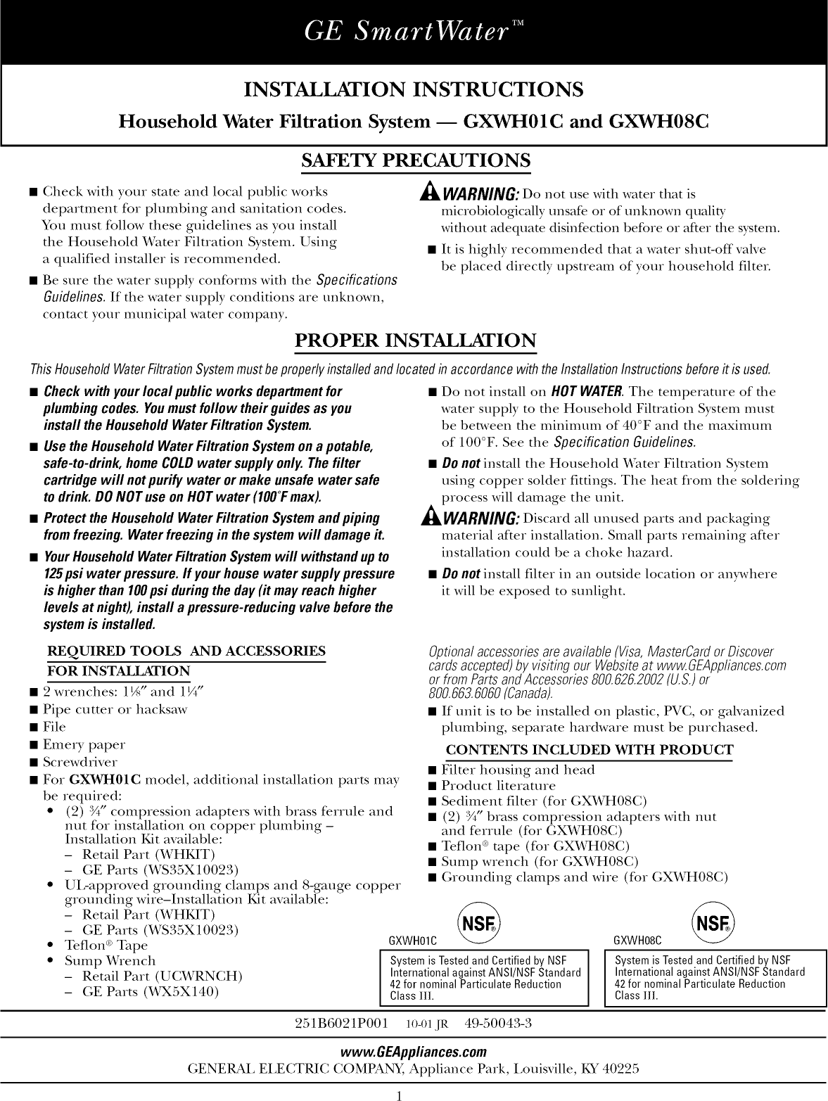 Page 1 of 12 - GE GXWH01C User Manual  WATER SYSTEMS - Manuals And Guides 1007711L