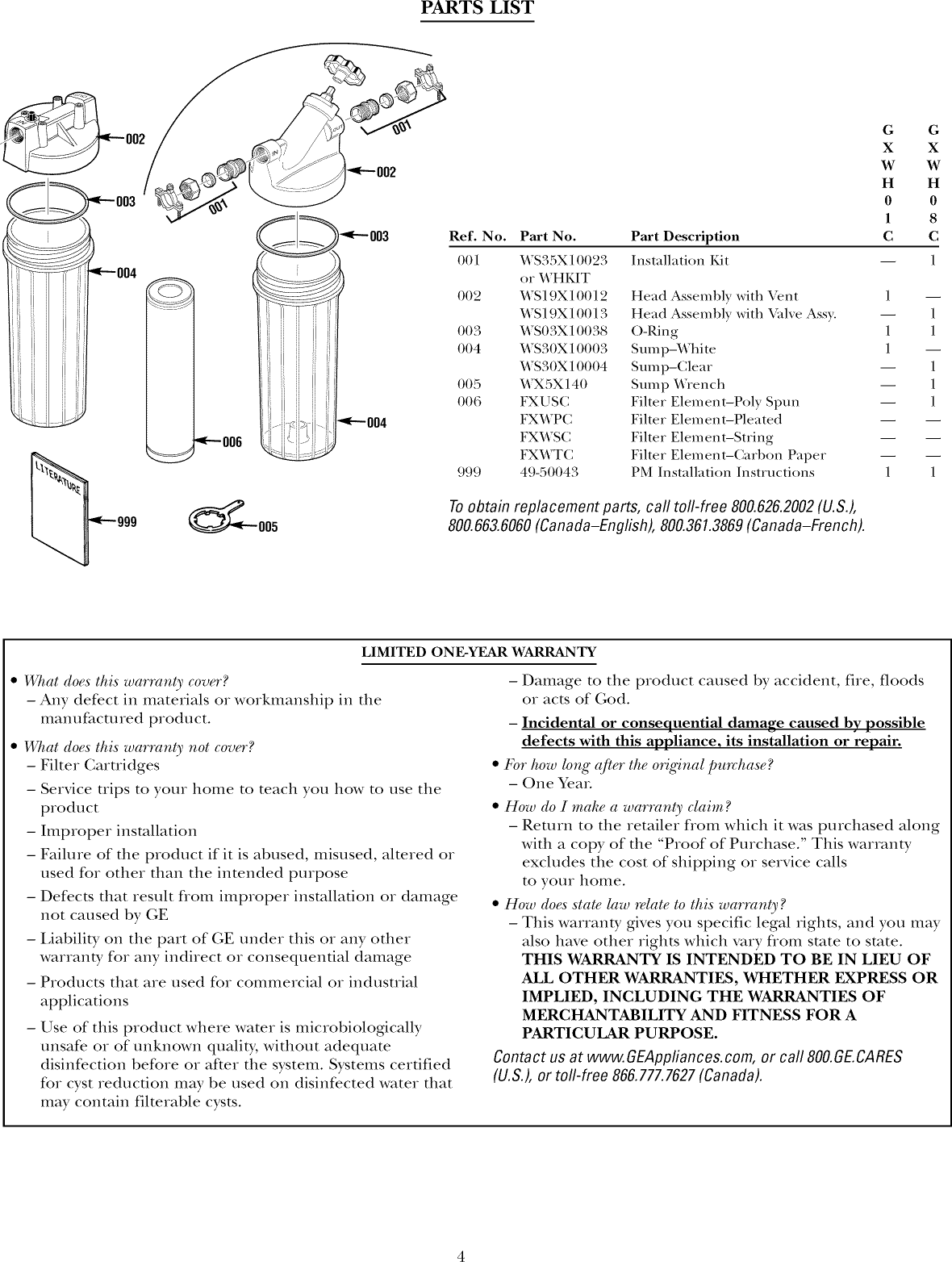 GE GXWH01C User Manual WATER SYSTEMS Manuals And Guides 1007711L