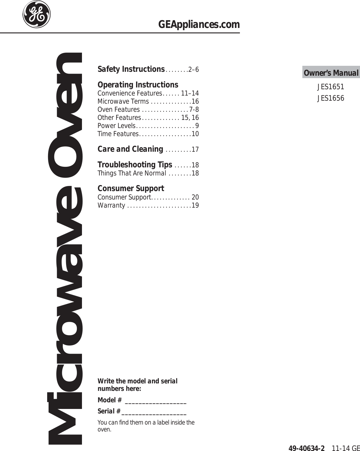 Manual For Ge Microwave Model Jes1109rr1ss