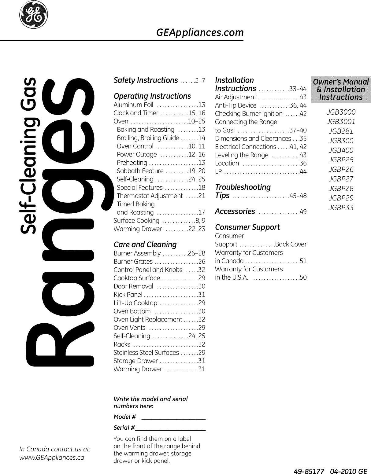 GE JGB281DER1BB User Manual GAS RANGE Manuals And Guides 1007290L