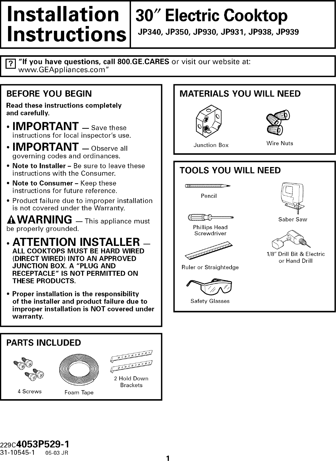 Page 1 of 8 - GE JP340BC1BB User Manual  ELECTRIC COOKTOP - Manuals And Guides L0502383