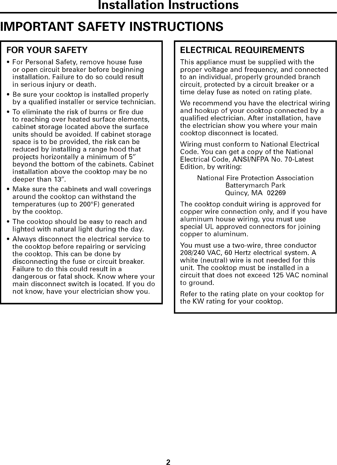 Page 2 of 8 - GE JP340BC1BB User Manual  ELECTRIC COOKTOP - Manuals And Guides L0502383