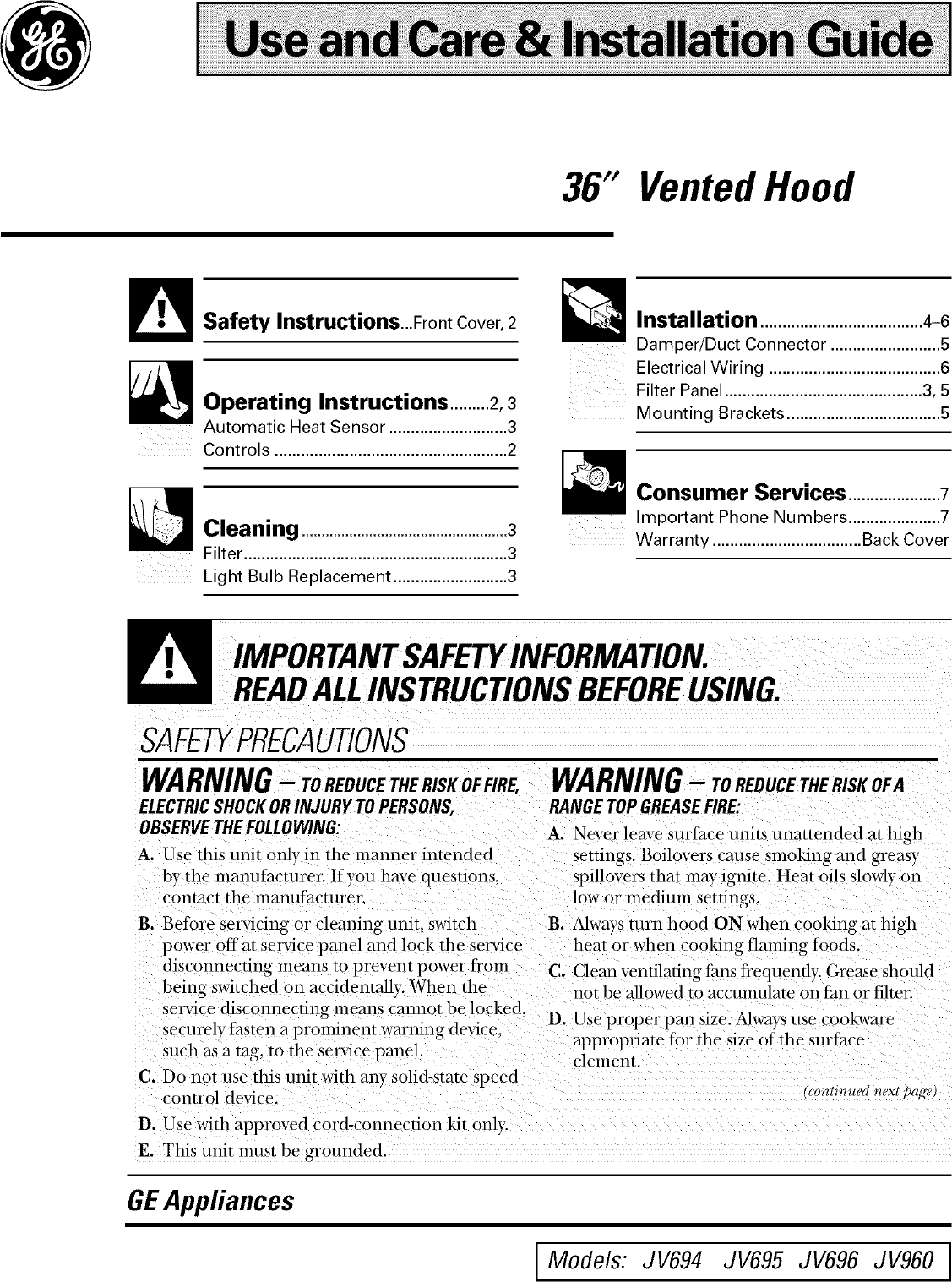 Page 1 of 8 - GE JV695SWW User Manual  RANGE HOOD - Manuals And Guides L0406350