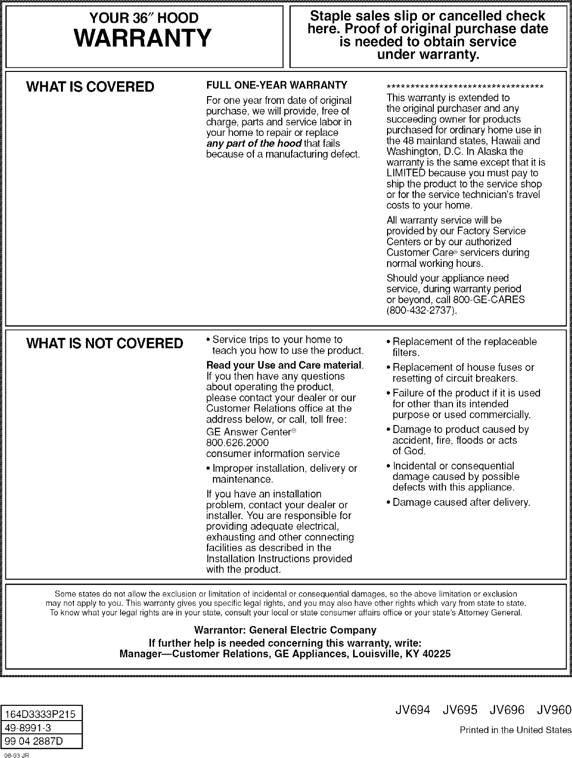 Page 8 of 8 - GE JV695SWW User Manual  RANGE HOOD - Manuals And Guides L0406350