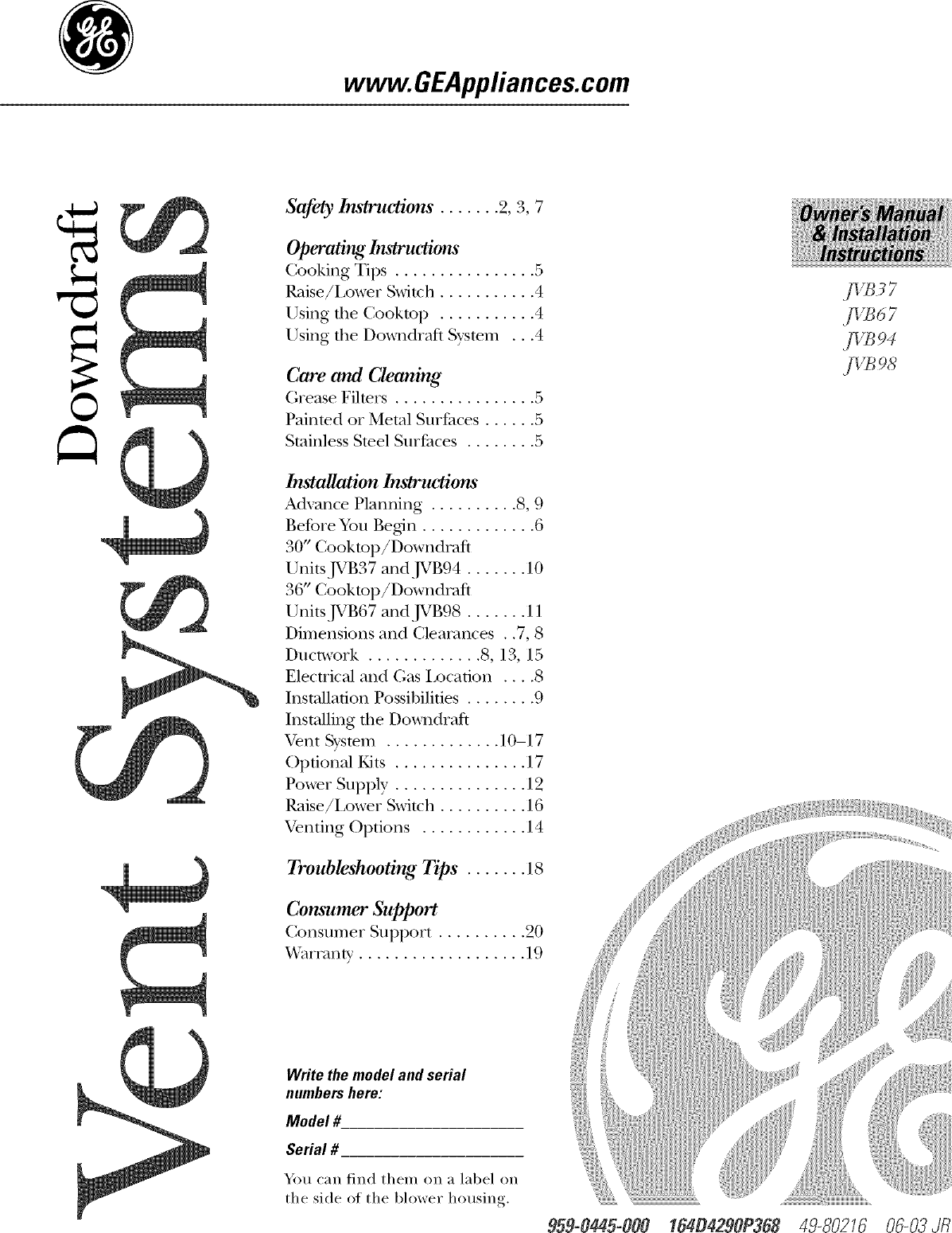 GE JVB37H1BB User Manual RANGE HOOD Manuals And Guides L0406351