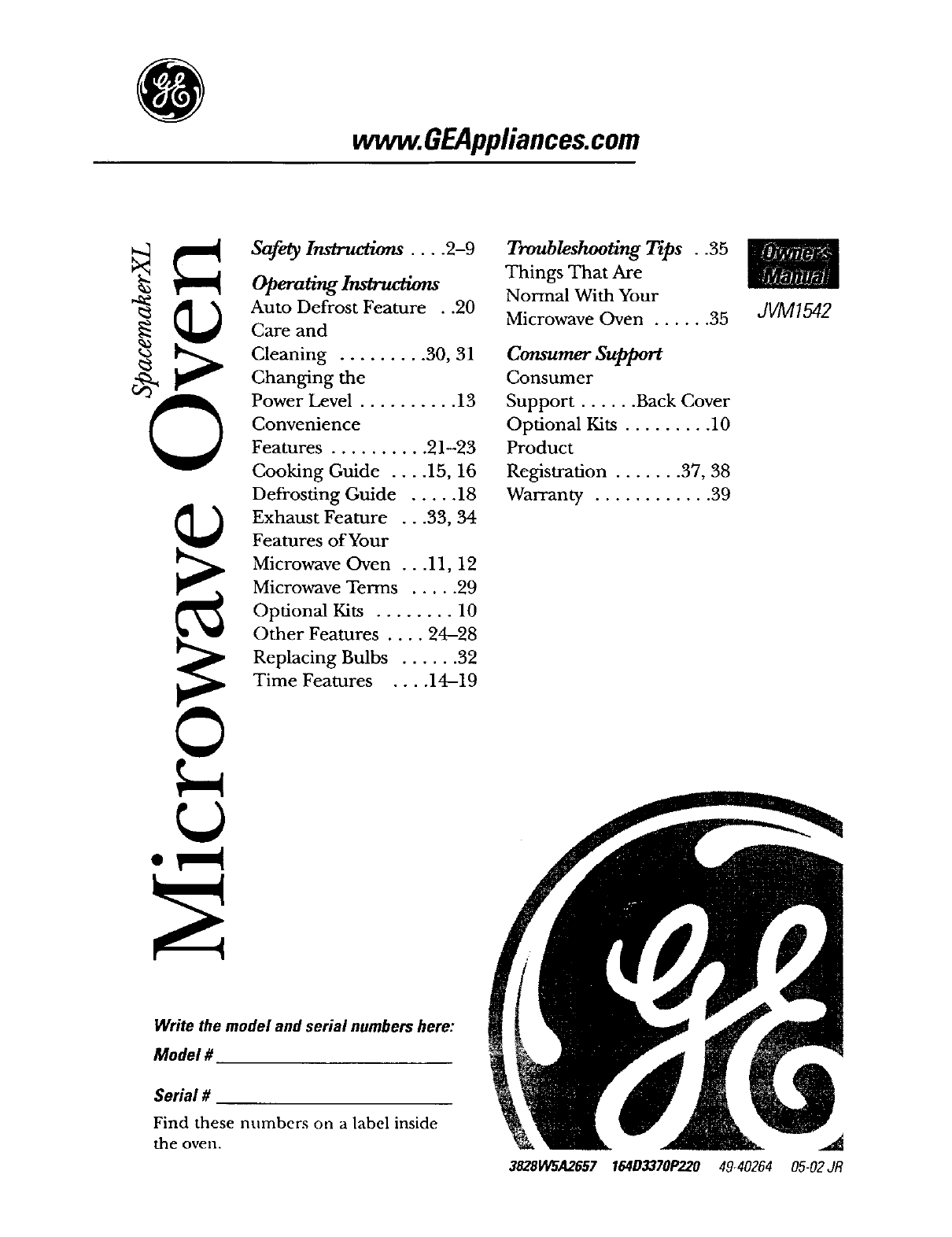 GE JVM1542BF001 User Manual MICROWAVE Manuals And Guides L0304095