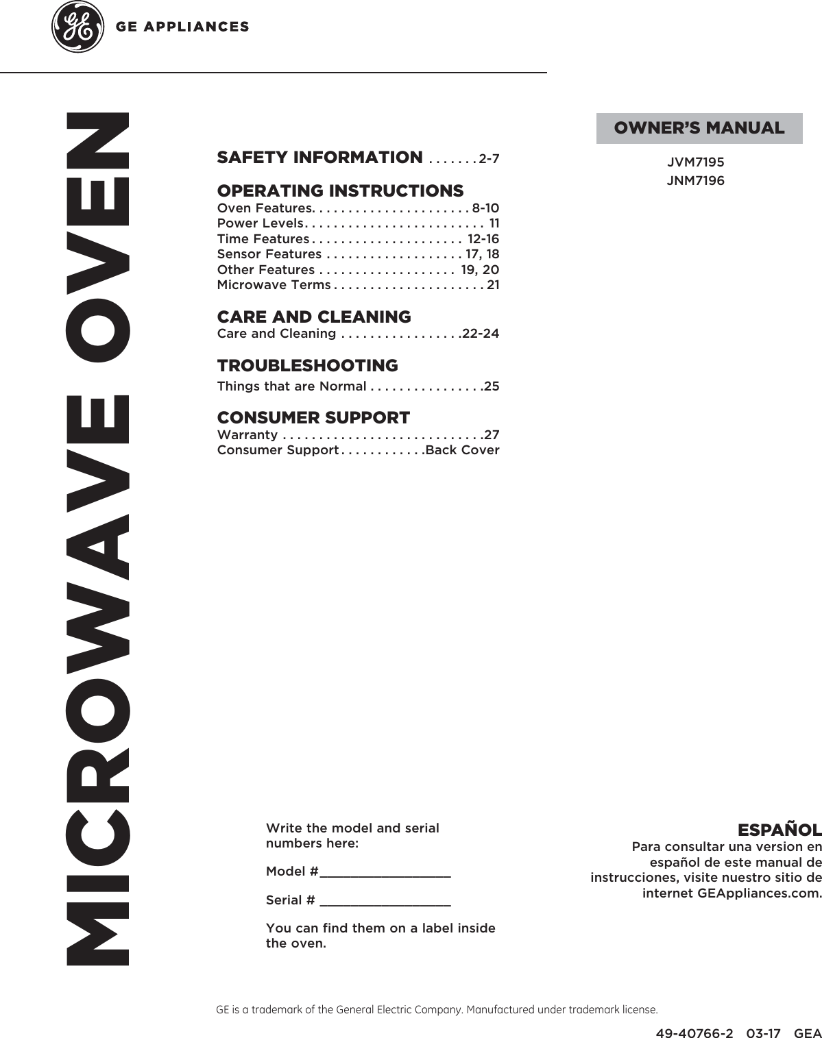 GE JVM7195DK2BB 49 40766 2_LoRes User Manual MICROWAVE/HOOD COMBO