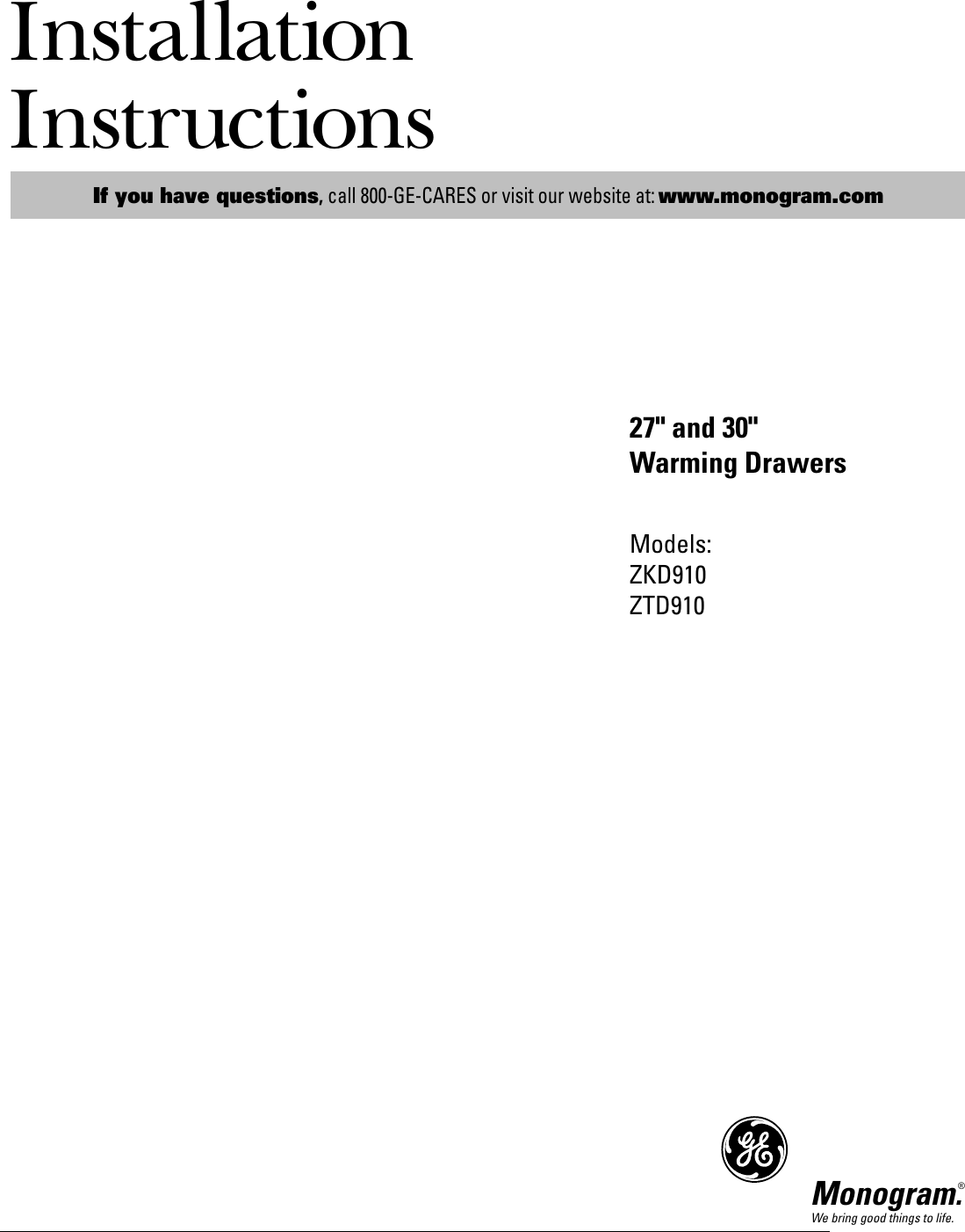 Page 1 of 8 - GE ZKD910 Warming Drawer Inst User Manual To The 493c2c00-85a5-4996-9a69-01871b810767