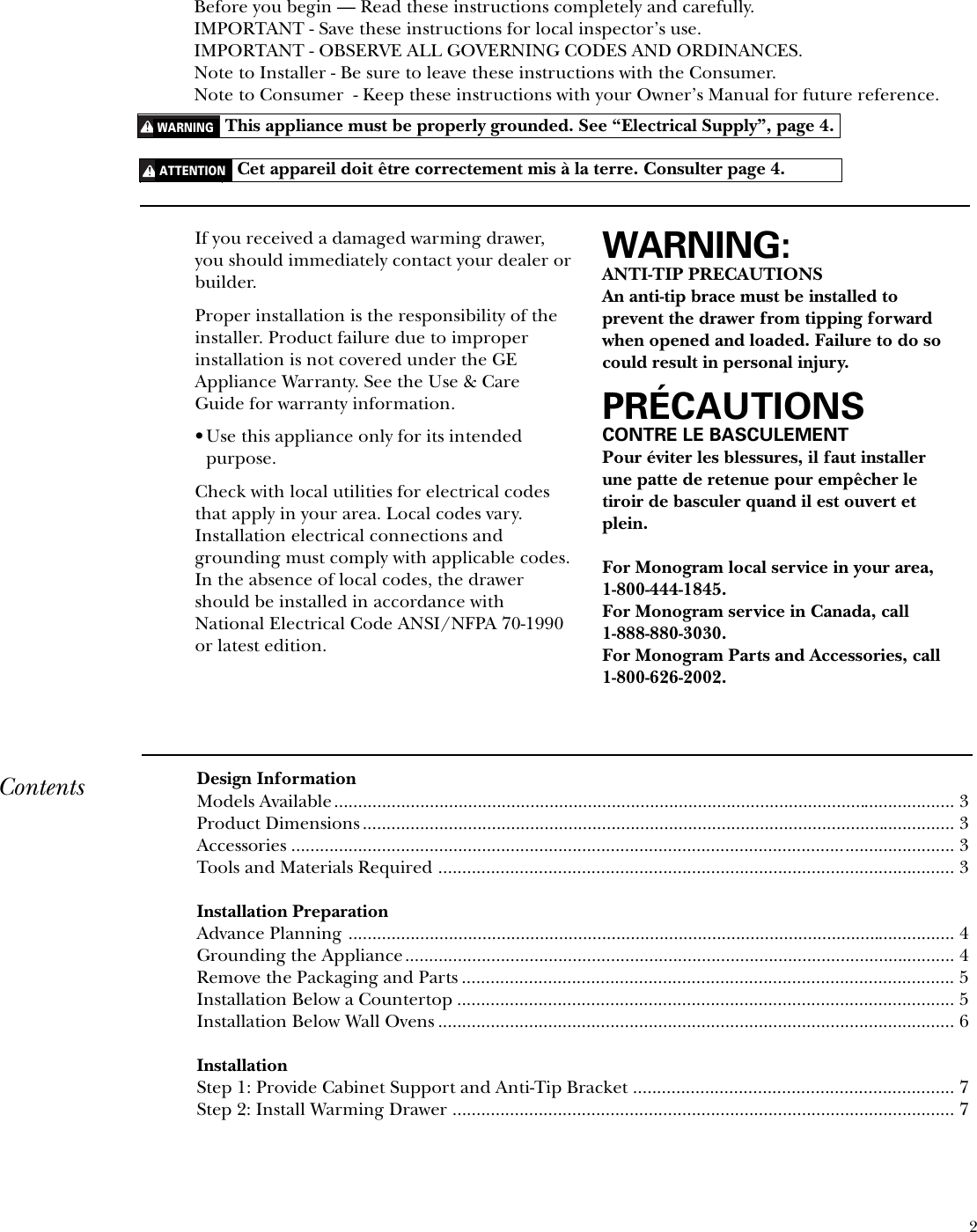Page 2 of 8 - GE ZKD910 Warming Drawer Inst User Manual To The 493c2c00-85a5-4996-9a69-01871b810767