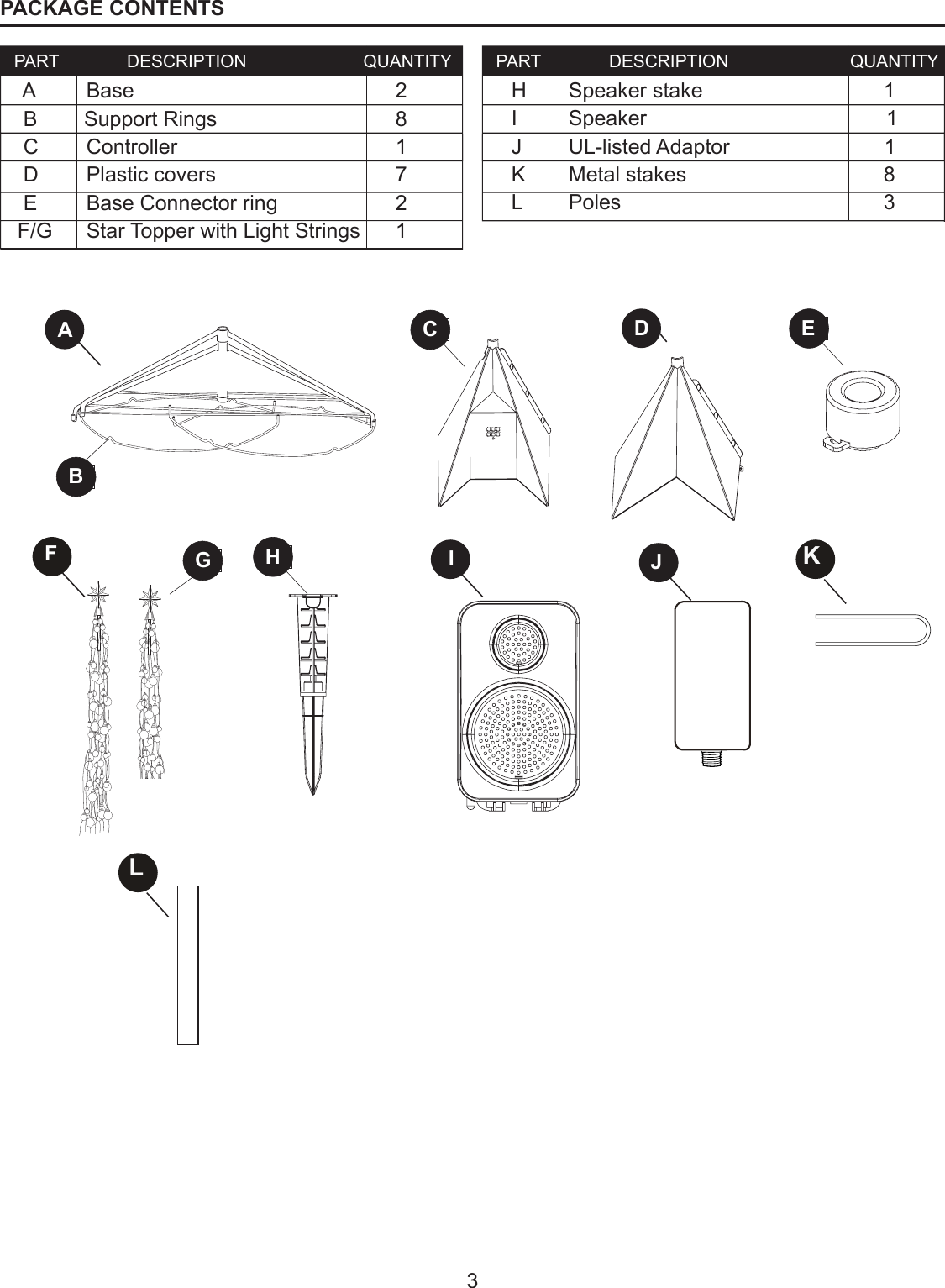 3  PART              DESCRIPTION                        QUANTITY   PART              DESCRIPTION                         QUANTITY    A       Base           2      B        Support Rings          8     C      Controller           1     D      Plastic covers         7     E      Base Connector ring           2    F/G      Star Topper with Light Strings     1        H      Speaker stake          1      I      Speaker                                         1      J      UL-listed Adaptor         1      K       Metal stakes                 8      L      Poles            3PACKAGE CONTENTSKF IHJGADCEBL
