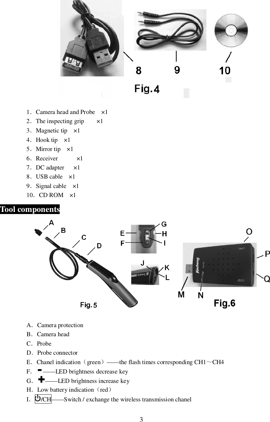 31Camera head and Probe   &times;12The inspecting grip     &times;13Magnetic tip   &times;14Hook tip   &times;15Mirror tip  &times;16Receiver      &times;17DC adapter    &times;18USB cable   &times;19Signal cable  &times;110CD ROM  &times;1Tool componentsACamera protectionBCamera headCProbeDProbe connectorEChanel indicationgreen&mdash;&mdash;the flash times corresponding CH1CH4F&mdash;&mdash;LED brightness decrease keyG&mdash;&mdash;LED brightness increase keyHLow battery indicationredI/CH&mdash;&mdash;Switch / exchange the wireless transmission chanel