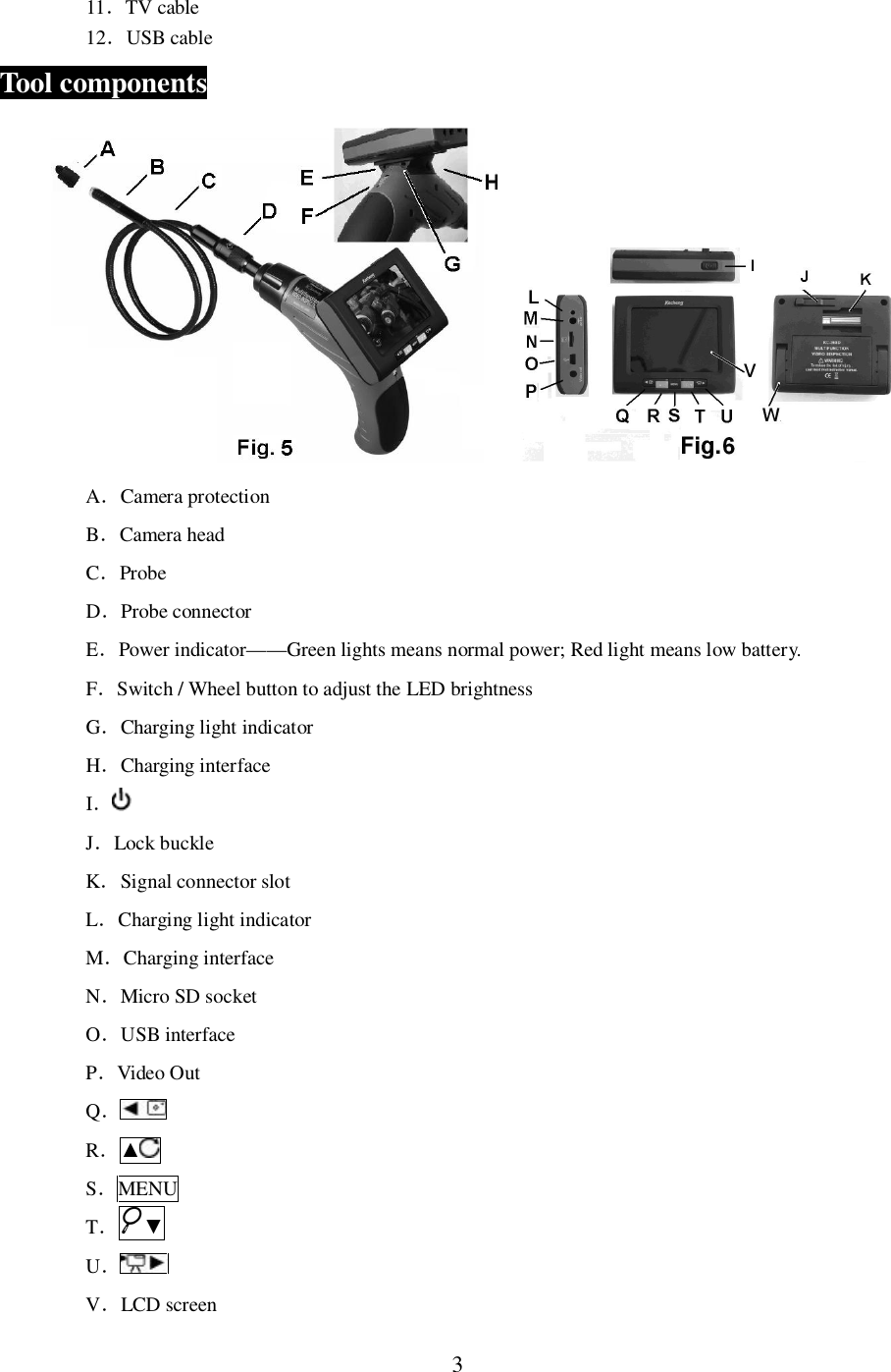 311TV cable12USB cableTool componentsACamera protectionBCamera headCProbeDProbe connectorEPower indicator&mdash;&mdash;Green lights means normal power; Red light means low battery.FSwitch / Wheel button to adjust the LED brightnessGCharging light indicatorHCharging interfaceIJLock buckleKSignal connector slotLCharging light indicatorMCharging interfaceNMicro SD socketOUSB interfacePVideo OutQRSMENUTUVLCD screen