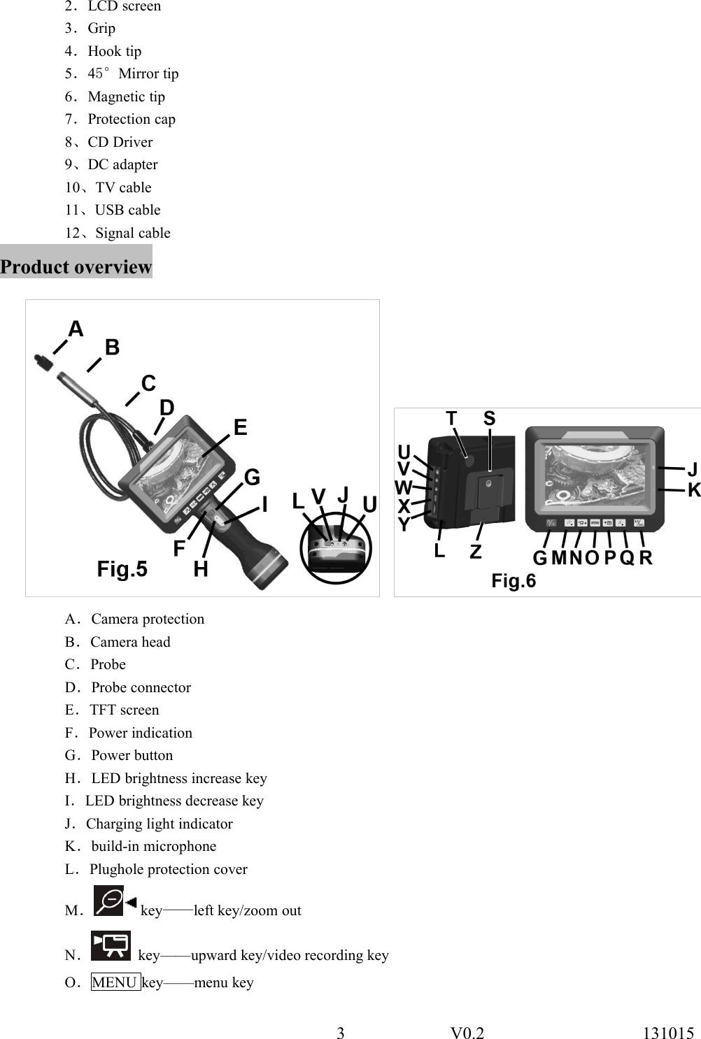 3 V0.2 1310152．LCD screen3．Grip4．Hook tip5．45&deg;Mirror tip6．Magnetic tip7．Protection cap8、CD Driver9、DC adapter10、TV cable11、USB cable12、Signal cableProduct overviewA．Camera protectionB．Camera headC．ProbeD．Probe connectorE．TFT screenF．Power indicationG．Power buttonH．LED brightness increase keyI．LED brightness decrease keyJ．Charging light indicatorK．build-in microphoneL．Plughole protection coverM．key&mdash;&mdash;left key/zoom outN．key&mdash;&mdash;upward key/video recording keyO．MENU key&mdash;&mdash;menu key