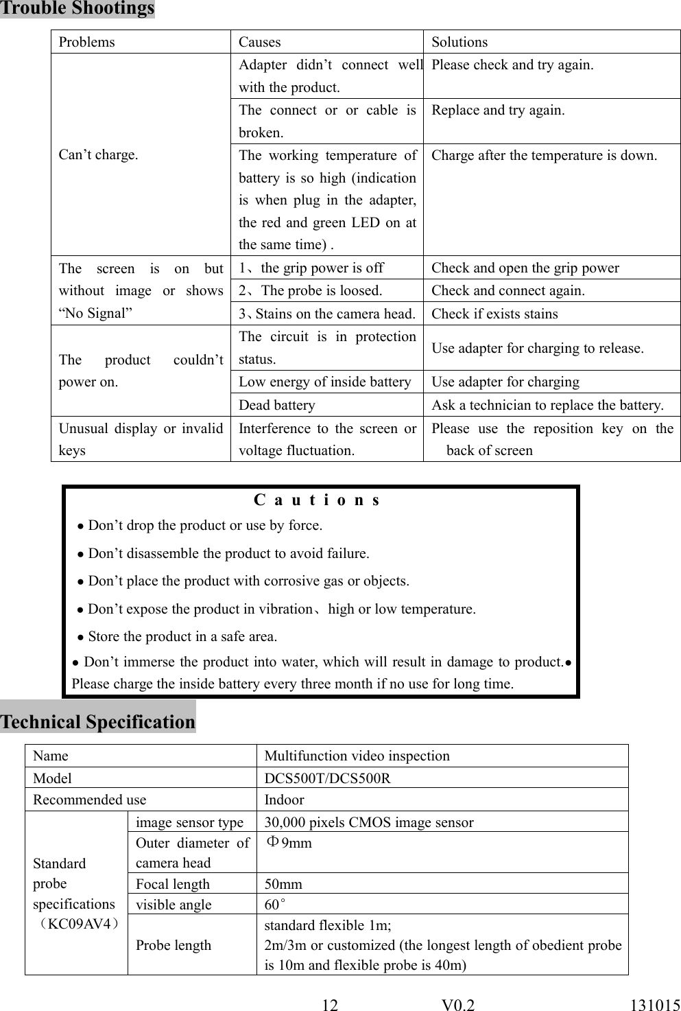 12 V0.2 131015Trouble ShootingsProblems Causes SolutionsCan&rsquo;t charge.Adapter didn&rsquo;t connect wellwith the product.Please check and try again.The connect or or cable isbroken.Replace and try again.The working temperature ofbattery is so high (indicationis when plug in the adapter,the red and green LED on atthe same time) .Charge after the temperature is down.The screen is on butwithout image or shows&ldquo;No Signal&rdquo;1、the grip power is off Check and open the grip power2、The probe is loosed. Check and connect again.3、Stains on the camera head.Check if exists stainsThe product couldn&rsquo;tpower on.The circuit is in protectionstatus. Use adapter for charging to release.Low energy of inside battery Use adapter for chargingDead battery Ask a technician to replace the battery.Unusual display or invalidkeysInterference to the screen orvoltage fluctuation.Please use the reposition key on theback of screenC a u t i o n s●Don&rsquo;t drop the product or use by force.●Don&rsquo;t disassemble the product to avoid failure.●Don&rsquo;t place the product with corrosive gas or objects.●Don&rsquo;t expose the product in vibration、high or low temperature.●Store the product in a safe area.●Don&rsquo;t immerse the product into water, which will result in damage to product.●Please charge the inside battery every three month if no use for long time.Technical SpecificationName Multifunction video inspectionModel DCS500T/DCS500RRecommended use IndoorStandardprobespecifications（KC09AV4）image sensor type30,000 pixels CMOS image sensorOuter diameter ofcamera head&Phi;9mmFocal length 50mmvisible angle 60&deg;Probe lengthstandard flexible 1m;2m/3m or customized (the longest length of obedient probeis 10m and flexible probe is 40m)