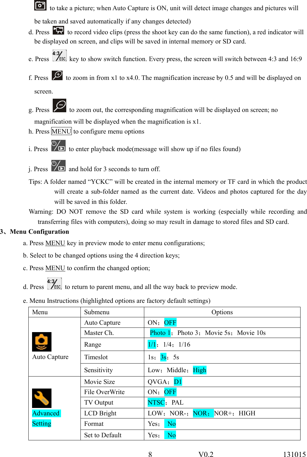 8 V0.2 131015to take a picture; when Auto Capture is ON, unit will detect image changes and pictures willbe taken and saved automatically if any changes detected)d. Press to record video clips (press the shoot key can do the same function), a red indicator willbe displayed on screen, and clips will be saved in internal memory or SD card.e. Press key to show switch function. Every press, the screen will switch between 4:3 and 16:9f. Press to zoom in from x1 to x4.0. The magnification increase by 0.5 and will be displayed onscreen.g. Press to zoom out, the corresponding magnification will be displayed on screen; nomagnification will be displayed when the magnification is x1.h. Press MENU to configure menu optionsi. Press to enter playback mode(message will show up if no files found)j. Press and hold for 3 seconds to turn off.Tips: A folder named &ldquo;YCKC&rdquo; will be created in the internal memory or TF card in which the productwill create a sub-folder named as the current date. Videos and photos captured for the daywill be saved in this folder.Warning: DO NOT remove the SD card while system is working (especially while recording andtransferring files with computers), doing so may result in damage to stored files and SD card.3、Menu Configurationa. Press MENU key in preview mode to enter menu configurations;b. Select to be changed options using the 4 direction keys;c. Press MENU to confirm the changed option;d. Press to return to parent menu, and all the way back to preview mode.e. Menu Instructions (highlighted options are factory default settings)Menu Submenu OptionsAuto CaptureAuto Capture ON；OFFMaster Ch. Photo 1；Photo 3；Movie 5s；Movie 10sRange 1/1；1/4；1/16Timeslot 1s；3s；5sSensitivity Low；Middle；HighAdvancedSettingMovie Size QVGA；D1File OverWrite ON；OFFTV Output NTSC；PALLCD Bright LOW；NOR-；NOR；NOR+；HIGHFormat Yes；NoSet to Default Yes；No