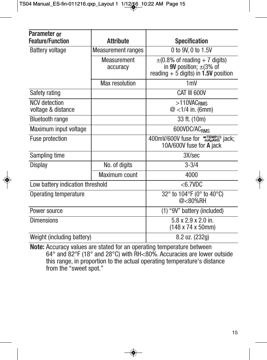 Parameter orFeature/FunctionAttribute SpecificationBattery voltage Measurement ranges 0 to 9V, 0 to 1.5VMeasurement  &plusmn;(0.8% of reading + 7 digits) accuracy in 9Vposition; &plusmn;(3% of reading + 5 digits) in 1.5VpositionMax resolution 1mVSafety rating CAT III 600VNCV detection  >110VACRMSvoltage &amp; distance @ <1/4 in. (6mm)Bluetooth range 33 ft. (10m)Maximum input voltage 600VDC/ACRMSFuse protection 400mV/600V fuse for jack; 10A/600V fuse for AjackSampling time 3X/secDisplay No. of digits 3-3/4Maximum count 4000Low battery indication threshold <6.7VDCOperating temperature 32&deg; to 104&deg;F (0&deg; to 40&deg;C) @<80%RHPower source (1) &ldquo;9V&rdquo; battery (included)Dimensions 5.8 x 2.9 x 2.0 in.(148 x 74 x 50mm)Weight (including battery) 8.2 oz. (232g)Note: Accuracy values are stated for an operating temperature between 64&deg; and 82&deg;F (18&deg; and 28&deg;C) with RH<80%. Accuracies are lower outsidethis range, in proportion to the actual operating  temperature's distancefrom the &ldquo;sweet spot.&rdquo;TEMPmA&micro;AV&Omega;                  15TS04 Manual_ES-fin-011216.qxp_Layout 1  1/12/16  10:22 AM  Page 15