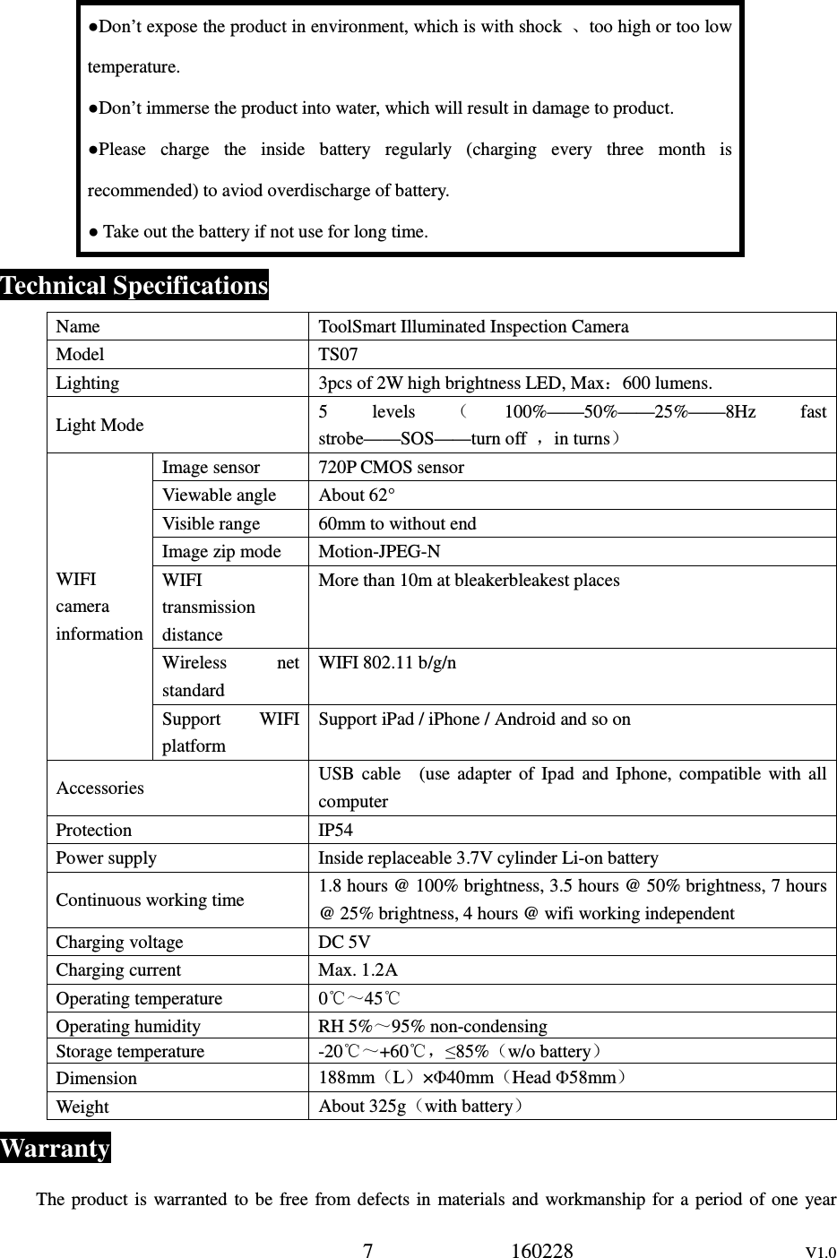 7             160228                      V1.0 ●Don&rsquo;t expose the product in environment, which is with shock  、too high or too low temperature. ●Don&rsquo;t immerse the product into water, which will result in damage to product. ●Please  charge  the  inside  battery  regularly  (charging  every  three  month  is recommended) to aviod overdischarge of battery. ● Take out the battery if not use for long time. Technical Specifications Name  ToolSmart Illuminated Inspection Camera Model  TS07 Lighting  3pcs of 2W high brightness LED, Max：600 lumens. Light Mode  5  levels （100%&mdash;&mdash;50%&mdash;&mdash;25%&mdash;&mdash;8Hz  fast strobe&mdash;&mdash;SOS&mdash;&mdash;turn off  ，in turns） WIFI camera information Image sensor  720P CMOS sensor Viewable angle  About 62&deg; Visible range  60mm to without end Image zip mode  Motion-JPEG-N WIFI transmission distance More than 10m at bleakerbleakest places Wireless  net standard WIFI 802.11 b/g/n Support  WIFI platform Support iPad / iPhone / Android and so on Accessories  USB  cable    (use  adapter  of  Ipad  and  Iphone,  compatible  with  all computer Protection  IP54 Power supply  Inside replaceable 3.7V cylinder Li-on battery Continuous working time  1.8 hours @ 100% brightness, 3.5 hours @ 50% brightness, 7 hours @ 25% brightness, 4 hours @ wifi working independent Charging voltage  DC 5V Charging current  Max. 1.2A Operating temperature  0℃～45℃ Operating humidity  RH 5%～95% non-condensing Storage temperature  -20℃～+60℃，&le;85%（w/o battery） Dimension  188mm（L）&times;&Phi;40mm（Head &Phi;58mm） Weight  About 325g（with battery） Warranty The product is  warranted  to  be  free  from defects  in materials  and  workmanship for  a  period of  one  year 
