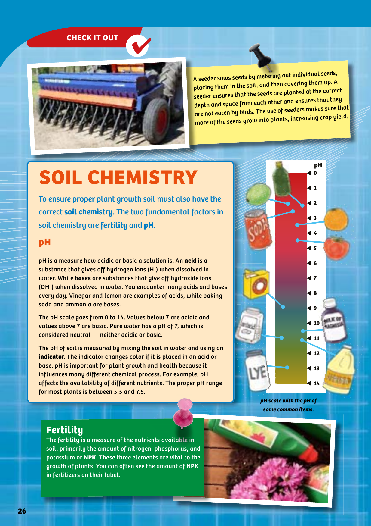 pH scale with the pH of some common items.To ensure proper plant growth soil must also have the correct soil chemistry. The two fundamental factors in soil chemistry are fertility and pH.SOIL CHEMISTRYpH is a measure how acidic or basic a solution is. An acid is a substance that gives off hydrogen ions (H+) when dissolved in water. While bases are substances that give off hydroxide ions (OH–) when dissolved in water. You encounter many acids and bases every day. Vinegar and lemon are examples of acids, while baking soda and ammonia are bases.The pH scale goes from  to . Values below  are acidic and values above  are basic. Pure water has a pH of , which is considered neutral — neither acidic or basic.The pH of soil is measured by mixing the soil in water and using an indicator. The indicator changes color if it is placed in an acid or base. pH is important for plant growth and health because it influences many different chemical process. For example, pH affects the availability of different nutrients. The proper pH range for most plants is between . and ..pHpH01234567891011121314The fertility is a measure of the nutrients available in soil, primarily the amount of nitrogen, phosphorus, and potassium or NPK. These three elements are vital to the growth of plants. You can often see the amount of NPK in fertilizers on their label.FertilityA seeder sows seeds by metering out individual seeds, placing them in the soil, and then covering them up. A seeder ensures that the seeds are planted at the correct depth and space from each other and ensures that they are not eaten by birds. The use of seeders makes sure that more of the seeds grow into plants, increasing crop yield.CHECK IT OUT