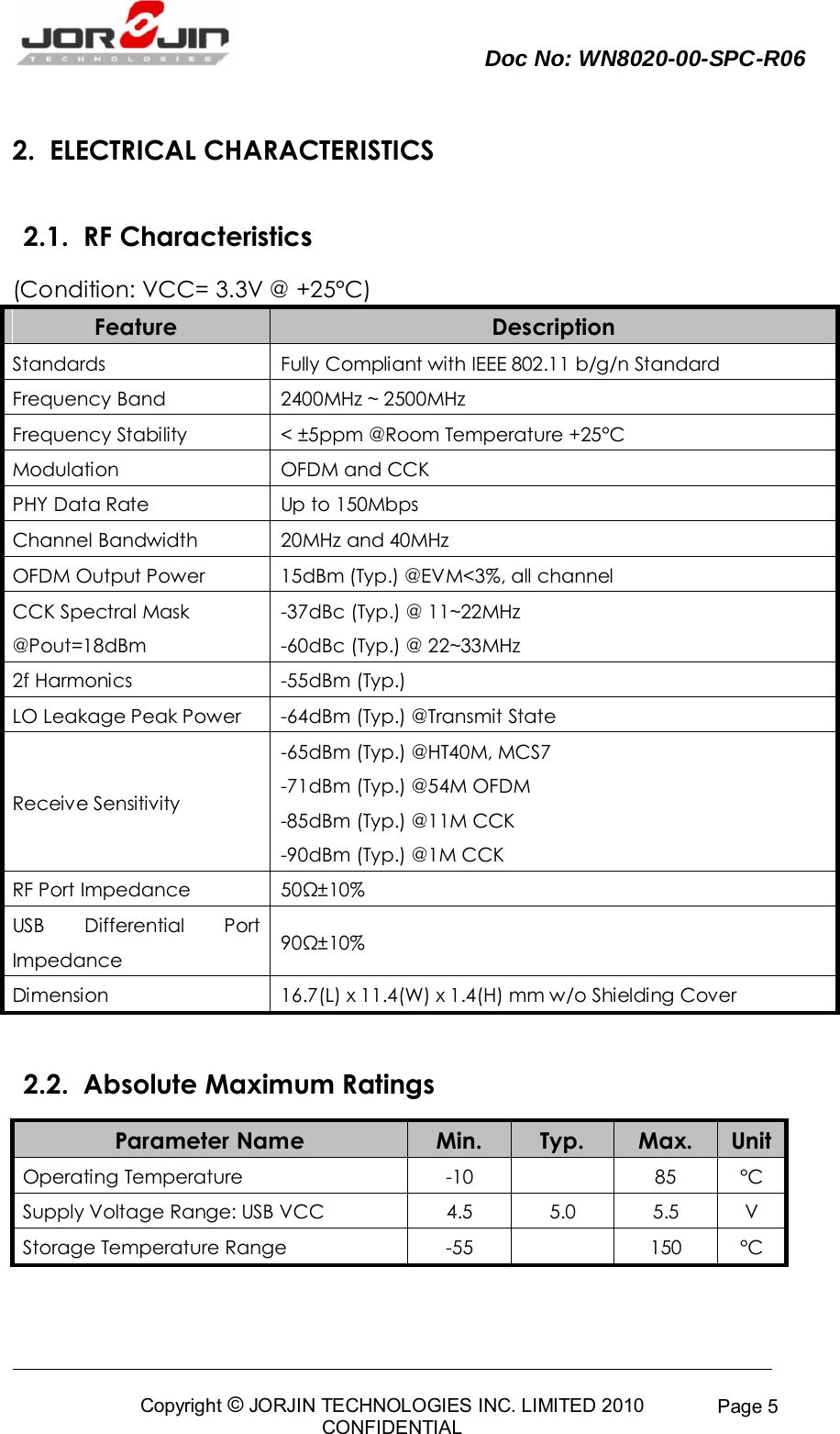     Doc No: WN8020-00-SPC-R06                                                                                          Copyright © JORJIN TECHNOLOGIES INC. LIMITED 2010 CONFIDENTIAL Page 5 2.  ELECTRICAL CHARACTERISTICS 2.1.  RF Characteristics (Condition: VCC= 3.3V @ +25°C) Feature Description Standards Fully Compliant with IEEE 802.11 b/g/n Standard Frequency Band 2400MHz ~ 2500MHz Frequency Stability &lt; ±5ppm @Room Temperature +25°C Modulation OFDM and CCK P HY  D at a  Rat e Up   to 150Mbps Channel Bandwidth 20MHz and 40MHz OFDM Output Power 15dBm (Typ.) @EVM&lt;3%, all channel CCK Spectral Mask @Pout=18dBm -37dBc (Typ.) @ 11~22MHz -60dBc (Typ.) @ 22~33MHz 2f Harmonics -55dBm (Typ.) LO Leakage Peak Power -64dBm (Typ.) @Transmit State Receive Sensitivity -65dBm (Typ.) @HT40M, MCS7 -71dBm (Typ.) @54M OFDM -85dBm (Typ.) @11M CCK -90dBm (Typ.) @1M CCK RF Port Impedance 50Ω±10% USB  Differential  Port Impedance 90Ω±10% Dimension 16.7(L) x 11.4(W) x 1.4(H) mm w/o Shielding Cover  2.2.  Absolute Maximum Ratings Parameter Name Min. Typ. Max. Unit Operating Temperature -10  85 °C Supply Voltage Range: USB VCC 4.5 5.0 5.5 V Storage Temperature Range -55  150 °C  