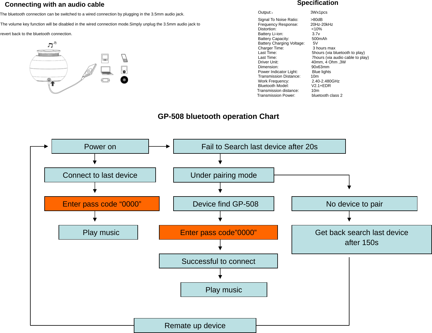   Connecting with an audio cable   The bluetooth connection can be switched to a wired connection by plugging in the 3.5mm audio jack. The volume key function will be disabled in the wired connection mode.Simply unplug the 3.5mm audio jack to revert back to the bluetooth connection.                                                           Power on     Connect to last deviceEnter pass code “0000”Play music Fail to Search last device after 20s Under pairing mode Device find GP-508Enter pass code”0000”Successful to connectPlay musicNo device to pairGet back search last device   after 150s Remate up device   Specification Output:：                 3Wx1pcs Signal To Noise Ratio:      &gt;80dB Frequency Response:      20Hz-20kHz Distortion:                 &lt;10% Battery Li-ion:              3.7v Battery Capacity:           500mAh Battery Charging Voltage:    5V Charger Time:              3 hours max Last Time:                 5hours (via bluetooth to play) Last Time:                 7hours (via audio cable to play) Driver Unit:                40mm, 4 Ohm ,3W Dimension:                90x63mm Power Indicator Light:       Blue lights Transmission Distance:     10m Work Frequency:           2.40-2.480GHz Bluetooth Model:           V2.1+EDR Transmission distance:      10m                                Transmission Power:bluetooth class 2  GP-508 bluetooth operation Chart 