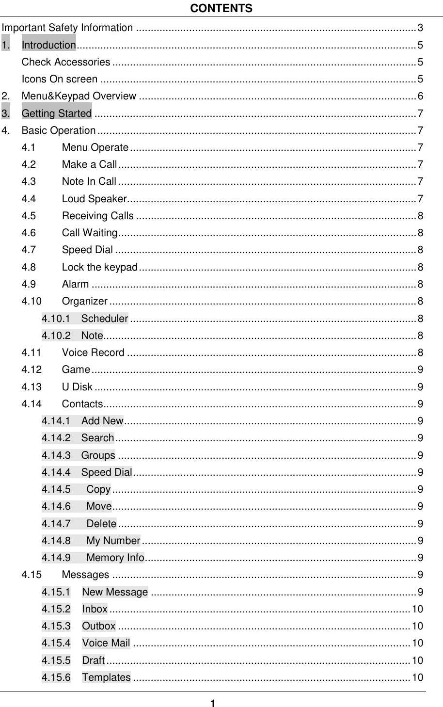 1  CONTENTS Important Safety Information...............................................................................................3 1. Introduction...................................................................................................................5 Check Accessories.......................................................................................................5 Icons On screen...........................................................................................................5 2. Menu&amp;Keypad Overview..............................................................................................6 3. Getting Started.............................................................................................................7 4. Basic Operation............................................................................................................7 4.1 Menu Operate.................................................................................................7 4.2 Make a Call.....................................................................................................7 4.3 Note In Call.....................................................................................................7 4.4 Loud Speaker..................................................................................................7 4.5 Receiving Calls...............................................................................................8 4.6 Call Waiting.....................................................................................................8 4.7 Speed Dial......................................................................................................8 4.8 Lock the keypad..............................................................................................8 4.9 Alarm..............................................................................................................8 4.10 Organizer........................................................................................................8 4.10.1  Scheduler.................................................................................................8 4.10.2  Note..........................................................................................................8 4.11 Voice Record..................................................................................................8 4.12 Game..............................................................................................................9 4.13 U Disk.............................................................................................................9 4.14 Contacts..........................................................................................................9 4.14.1  Add New...................................................................................................9 4.14.2  Search......................................................................................................9 4.14.3  Groups.....................................................................................................9 4.14.4  Speed Dial................................................................................................9 4.14.5   Copy.......................................................................................................9 4.14.6   Move.......................................................................................................9 4.14.7   Delete.....................................................................................................9 4.14.8   My Number.............................................................................................9 4.14.9   Memory Info............................................................................................9 4.15 Messages.......................................................................................................9 4.15.1 New Message..........................................................................................9 4.15.2 Inbox......................................................................................................10 4.15.3 Outbox...................................................................................................10 4.15.4 Voice Mail..............................................................................................10 4.15.5 Draft.......................................................................................................10 4.15.6 Templates..............................................................................................10 