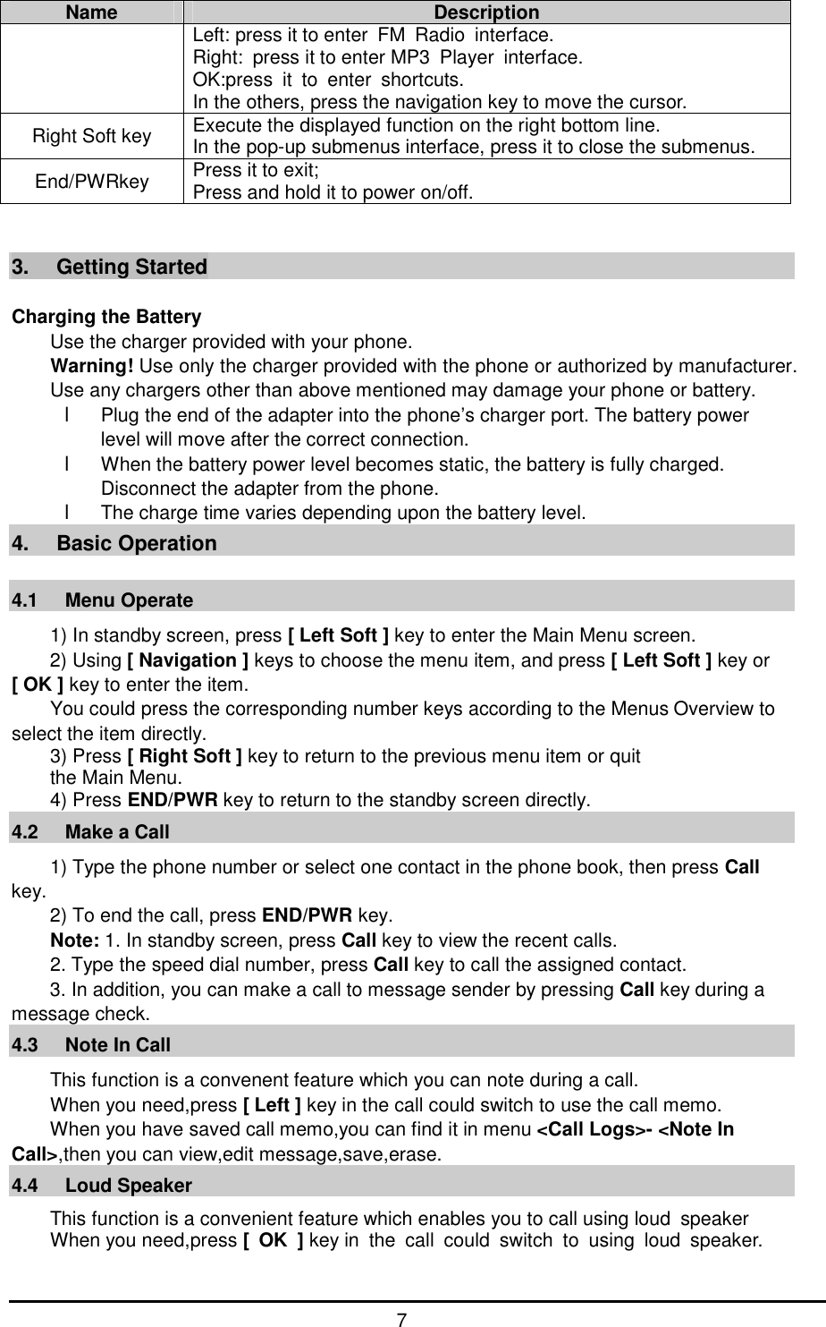      7 Name  Description Left: press it to enter FM Radio interface. Right: press it to enter MP3 Player interface. OK:press it to enter shortcuts. In the others, press the navigation key to move the cursor. Right Soft key  Execute the displayed function on the right bottom line. In the pop-up submenus interface, press it to close the submenus. End/PWRkey  Press it to exit;  Press and hold it to power on/off.   3. Getting Started  Charging the Battery Use the charger provided with your phone. Warning! Use only the charger provided with the phone or authorized by manufacturer. Use any chargers other than above mentioned may damage your phone or battery. l Plug the end of the adapter into the phone&rsquo;s charger port. The battery power level will move after the correct connection. l When the battery power level becomes static, the battery is fully charged. Disconnect the adapter from the phone. l The charge time varies depending upon the battery level.  4. Basic Operation  4.1   Menu Operate 1) In standby screen, press [ Left Soft ] key to enter the Main Menu screen. 2) Using [ Navigation ] keys to choose the menu item, and press [ Left Soft ] key or [ OK ] key to enter the item. You could press the corresponding number keys according to the Menus Overview to select the item directly. 3) Press [ Right Soft ] key to return to the previous menu item or quit  the Main Menu. 4) Press END/PWR key to return to the standby screen directly. 4.2   Make a Call 1) Type the phone number or select one contact in the phone book, then press Call key. 2) To end the call, press END/PWR key. Note: 1. In standby screen, press Call key to view the recent calls. 2. Type the speed dial number, press Call key to call the assigned contact. 3. In addition, you can make a call to message sender by pressing Call key during a message check. 4.3   Note In Call This function is a convenent feature which you can note during a call. When you need,press [ Left ] key in the call could switch to use the call memo. When you have saved call memo,you can find it in menu <Call Logs>- <Note In Call>,then you can view,edit message,save,erase. 4.4   Loud Speaker This function is a convenient feature which enables you to call using loud speaker  When you need,press [ OK ] key in the call could switch to using loud speaker. 