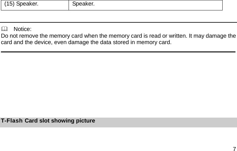 7 (15) Speaker.  Speaker.    Notice: Do not remove the memory card when the memory card is read or written. It may damage the card and the device, even damage the data stored in memory card.                                                                                                                                  T-Flash Card slot showing picture  