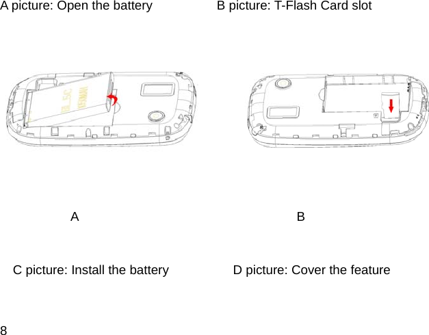 8 A picture: Open the battery          B picture: T-Flash Card slot            A                                  B    C picture: Install the battery          D picture: Cover the feature   