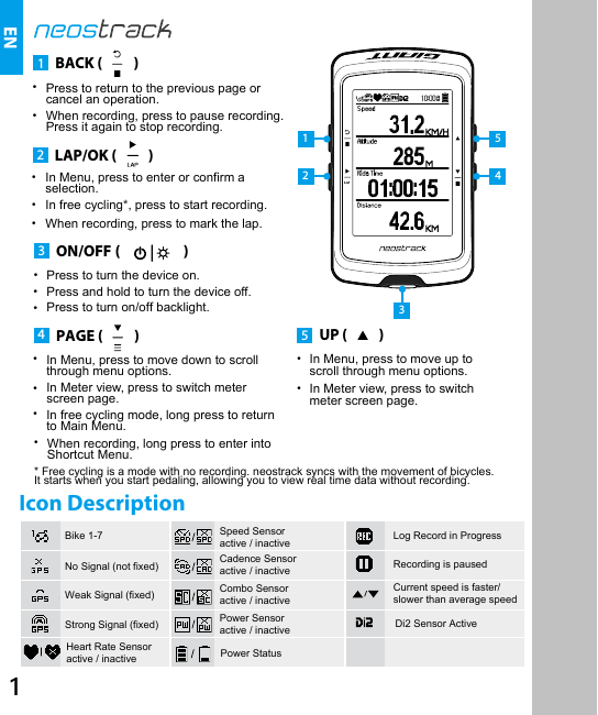 ENIcon DescriptionNo Signal (not fixed)Weak Signal (fixed) Bike 1-7Strong Signal (fixed)Log Record in ProgressCadence Sensor active / inactive  Speed Sensor active / inactivePower StatusHeart Rate Sensor active / inactive Recording is pausedCurrent speed is faster/ slower than average speed/45321Power Sensor active / inactive Di2 Sensor ActiveCombo Sensor active / inactive• •  • 4PAGE (          )In free cycling mode, long press to return to Main Menu.In Meter view, press to switch meter In Menu, press to move down to scroll through menu options.  •  When recording, long press to enter intoShortcut Menu.  screen page. • • 1BACK (          )Press to return to the previous page or cancel an operation. When recording, press to pause recording.  Press it again to stop recording.(          )• • • 2LAP/OK In Menu, press to enter or confirm a selection. When recording, press to mark the lap.In free cycling*, press to start recording.5• • UP (          )In Meter view, press to switch meter screen page. In Menu, press to move up to scroll through menu options. (                    ) • • • 3ON/OFFPress and hold to turn the device off.Press to turn the device on.Press to turn on/off backlight.* Free cycling is a mode with no recording. neostrack syncs with the movement of bicycles. It starts when you start pedaling, allowing you to view real time data without recording.  1