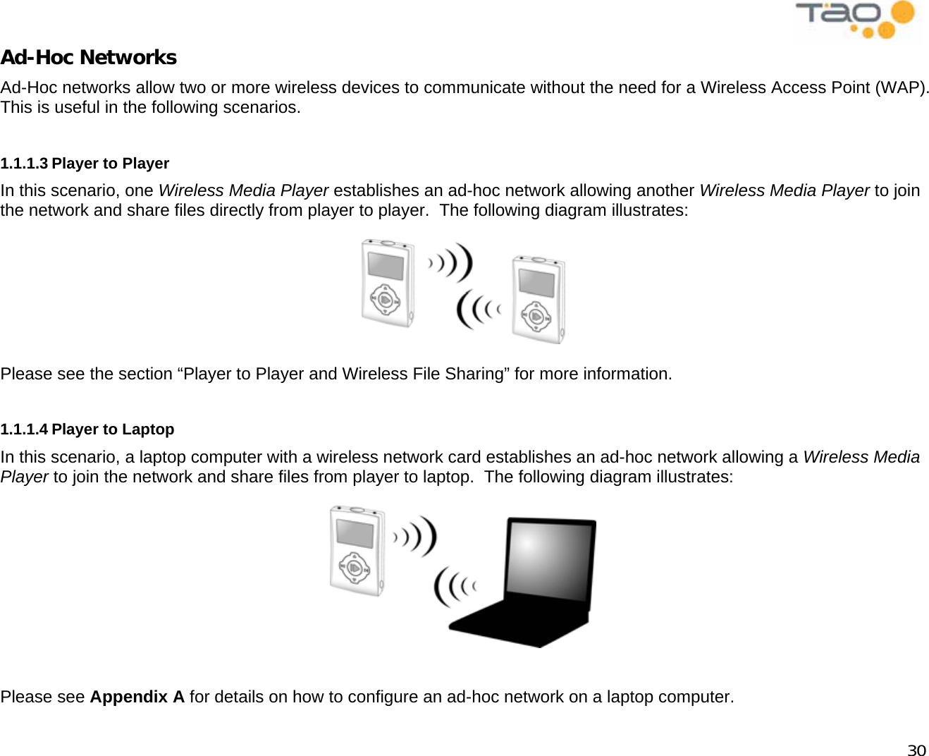            30 Ad-Hoc Networks Ad-Hoc networks allow two or more wireless devices to communicate without the need for a Wireless Access Point (WAP).  This is useful in the following scenarios.  1.1.1.3 Player to Player In this scenario, one Wireless Media Player establishes an ad-hoc network allowing another Wireless Media Player to join the network and share files directly from player to player.  The following diagram illustrates:    Please see the section “Player to Player and Wireless File Sharing” for more information.  1.1.1.4 Player to Laptop In this scenario, a laptop computer with a wireless network card establishes an ad-hoc network allowing a Wireless Media Player to join the network and share files from player to laptop.  The following diagram illustrates:     Please see Appendix A for details on how to configure an ad-hoc network on a laptop computer. 