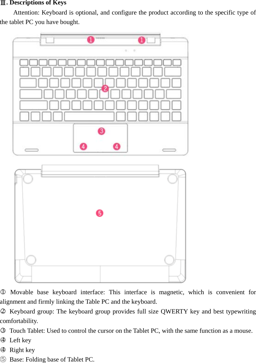  Ⅲ. Descriptions of Keys Attention: Keyboard is optional, and configure the product according to the specific type of the tablet PC you have bought.   ○1 Movable base keyboard interface: This interface is magnetic, which is convenient for alignment and firmly linking the Table PC and the keyboard. ○2 Keyboard group: The keyboard group provides full size QWERTY key and best typewriting comfortability.  ○3  Touch Tablet: Used to control the cursor on the Tablet PC, with the same function as a mouse. ○4 Left key  ○4 Right key ⑤  Base: Folding base of Tablet PC. 