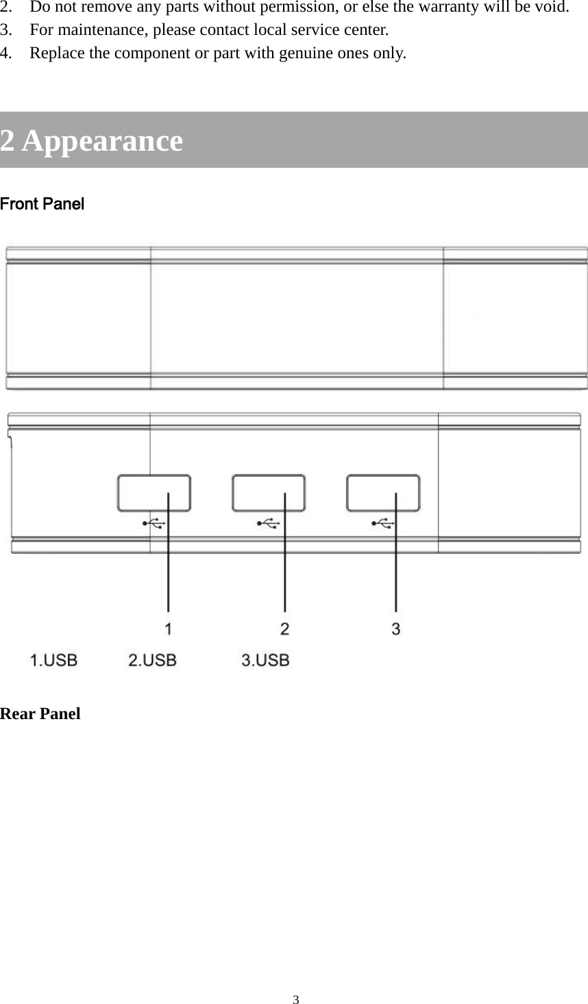3  2. Do not remove any parts without permission, or else the warranty will be void. 3. For maintenance, please contact local service center. 4. Replace the component or part with genuine ones only.  2 Appearance Front Panel     Rear Panel 