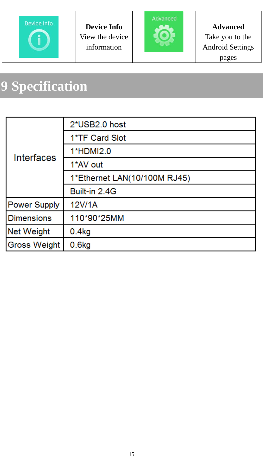   15   Device Info View the device information   Advanced Take you to the Android Settings pages 9 Specification  