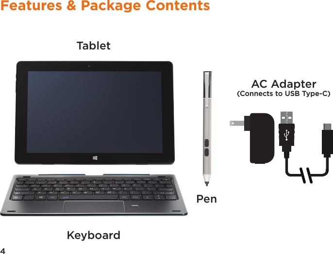 4Features &amp; Package ContentsTabletKeyboardAC Adapter(Connects to USB Type-C)Pen