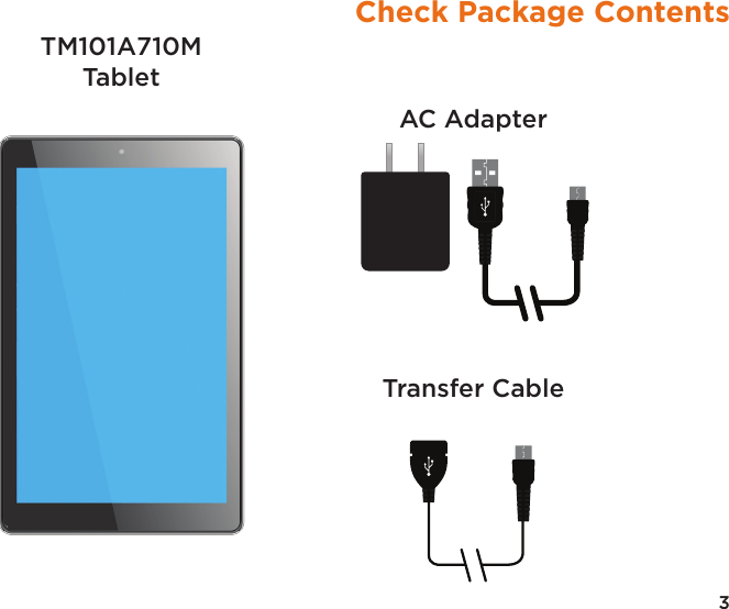 3Check Package ContentsAC AdapterTransfer CableTM101A710M Tablet
