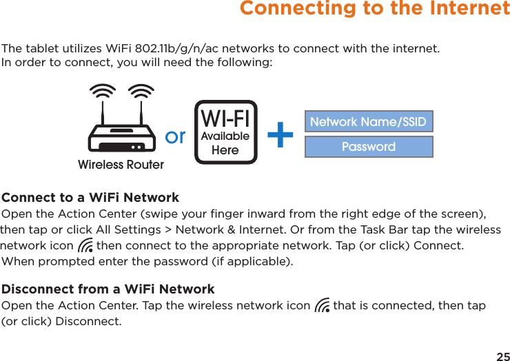 25Connecting to the InternetThe tablet utilizes WiFi 802.11b/g/n/ac networks to connect with the internet. In order to connect, you will need the following:or WI-FIAvailableHere +Network Name/SSIDPasswordWireless RouterConnect to a WiFi NetworkOpen the Action Center (swipe your ﬁnger inward from the right edge of the screen), then tap or click All Settings &gt; Network &amp; Internet. Or from the Task Bar tap the wireless network icon  then connect to the appropriate network. Tap (or click) Connect. When prompted enter the password (if applicable).Disconnect from a WiFi NetworkOpen the Action Center. Tap the wireless network icon  that is connected, then tap (or click) Disconnect.