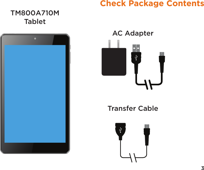 3Check Package ContentsAC AdapterTransfer CableTM800A710M Tablet
