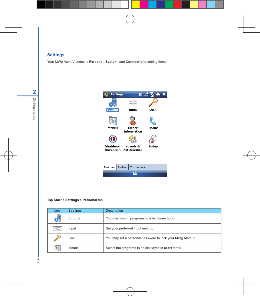 Settings Your MWg Atom V contains Personal, System, and Connections setting items.Tap Start > Settings > Personal tab:202Getting startedIcon Seetings DescriptionButtons You may assign programs to a hardware button.Input Set your preferred input method.Lock You may set a personal password to lock your MWg Atom V.Menus  Select the programs to be displayed in Start menu.