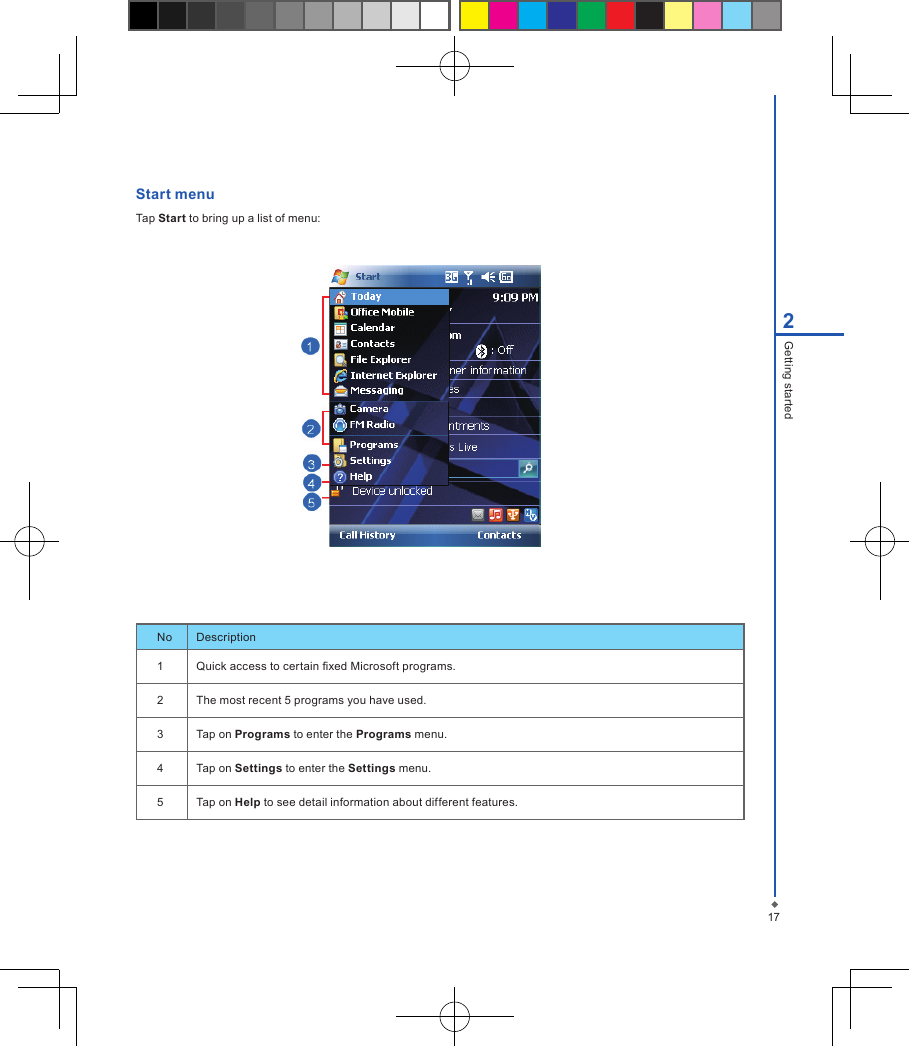 Start menuTap Start to bring up a list of menu:                                                                                            No Description1Quick access to certain xed Microsoft programs.2 The most recent 5 programs you have used.3 Tap on Programs to enter the Programs menu.4 Tap on Settings to enter the Settings menu.5 Tap on Help to see detail information about different features.172Getting started