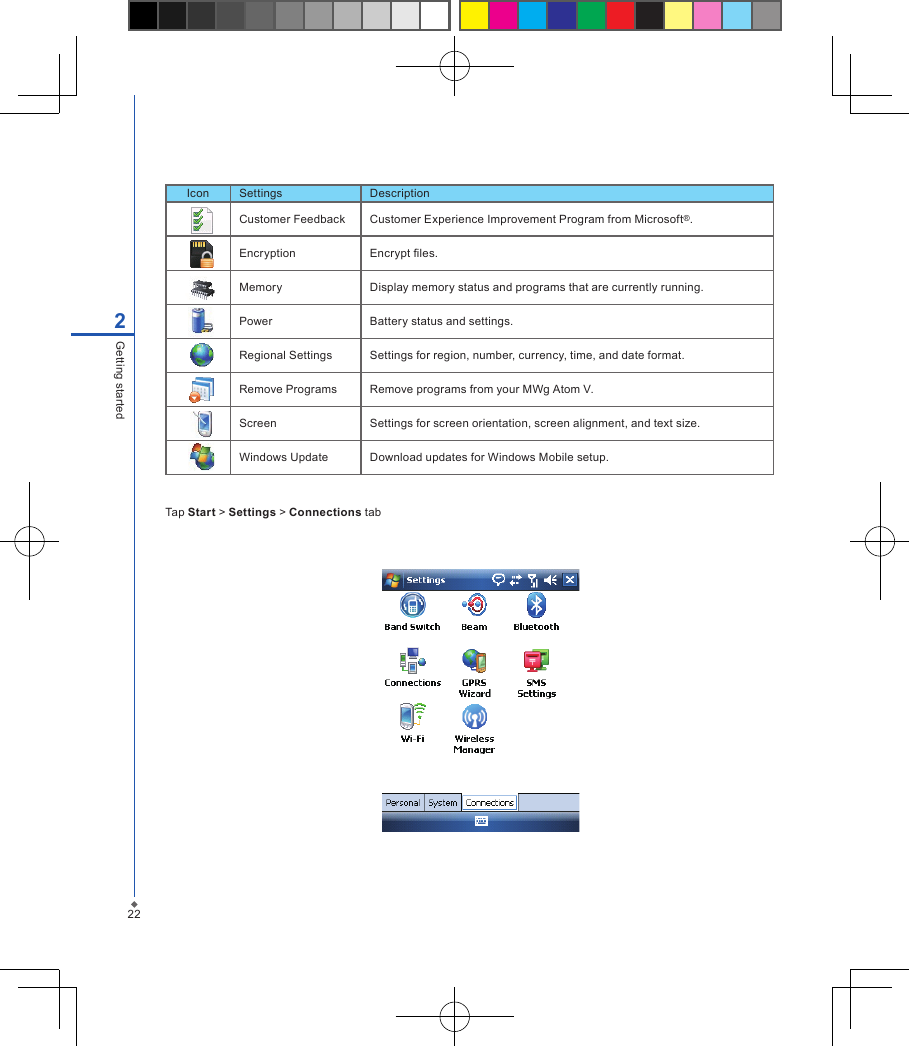222Getting startedTap Start > Settings > Connections tabIcon Settings DescriptionCustomer Feedback Customer Experience Improvement Program from Microsoft&reg;.Encryption Encrypt les.Memory Display memory status and programs that are currently running.Power Battery status and settings.Regional Settings Settings for region, number, currency, time, and date format.Remove Programs Remove programs from your MWg Atom V.Screen Settings for screen orientation, screen alignment, and text size.Windows Update Download updates for Windows Mobile setup.