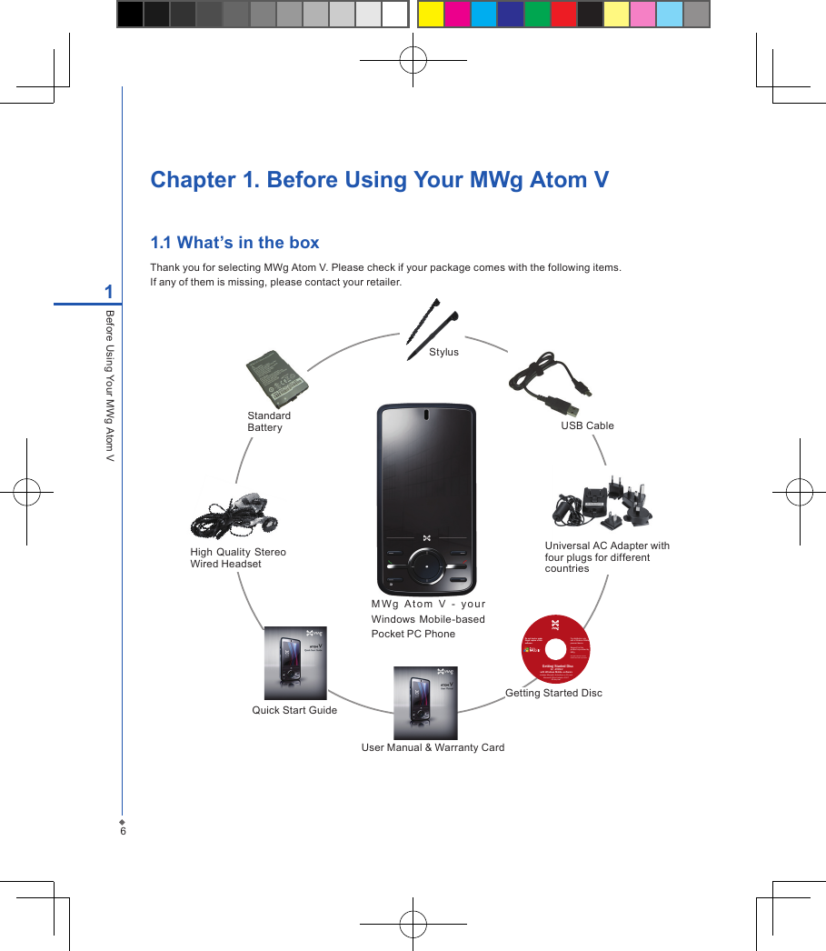 6Chapter 1. Before Using Your MWg Atom V1.1 What&rsquo;s in the boxThank you for selecting MWg Atom V. Please check if your package comes with the following items.If any of them is missing, please contact your retailer.1Before Using Your MWg Atom VM W g   A to m  V   -   yo u r Windows  Mobile-based Pocket PC PhoneQuick Start GuideGetting Started DiscUser Manual &amp; Warranty CardUSB CableStandard BatteryUniversal AC Adapter with four plugs for different countriesHigh Quality Stereo Wired HeadsetStylusDo not lend or makeillegal copies of thissoftware.Getting Started Disc             for              ATOM Vwith Windows Mobile     &reg; softwareFor distribution only with a Windows Mobile powered device.Support for this product is provided by MWg.All rights reserved. Portions&copy; 2007 Microsoft Corporation.Includes Microsoft &reg; ActiveSync &reg; 4.5, and Microsoft Office Outlook &reg; 200760-day trial.