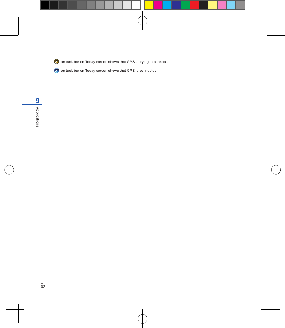 1029Applications    on task bar on Today screen shows that GPS is trying to connect.    on task bar on Today screen shows that GPS is connected.