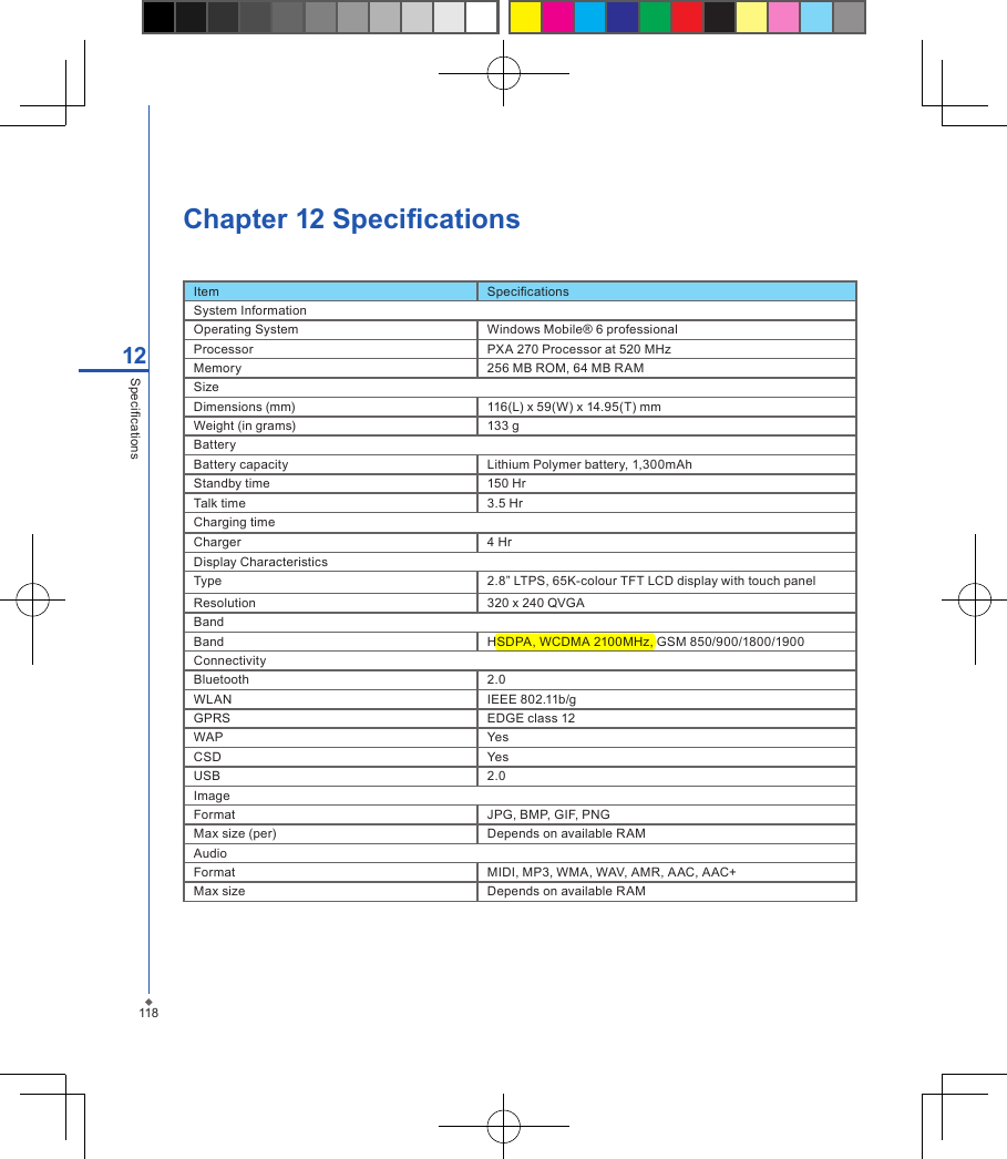 118Chapter 12 Specications 12SpecicationsItem SpecicationsSystem InformationOperating System Windows Mobile&reg; 6 professionalProcessor PXA 270 Processor at 520 MHzMemory 256 MB ROM, 64 MB RAMSizeDimensions (mm) 116(L) x 59(W) x 14.95(T) mmWeight (in grams) 133 gBatteryBattery capacity Lithium Polymer battery, 1,300mAhStandby time 150 HrTalk time 3.5 HrCharging timeCharger 4 HrDisplay CharacteristicsType 2.8&rdquo; LTPS, 65K-colour TFT LCD display with touch panelResolution 320 x 240 QVGABandBand HSDPA, WCDMA 2100MHz, GSM 850/900/1800/1900ConnectivityBluetooth 2.0WLAN IEEE 802.11b/gGPRS EDGE class 12WAP YesCSD YesUSB 2.0ImageFormat JPG, BMP, GIF, PNGMax size (per) Depends on available RAMAudioFormat MIDI, MP3, WMA, WAV, AMR, AAC, AAC+Max size Depends on available RAM