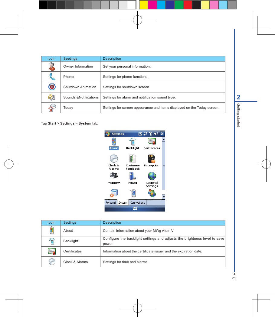 Icon Seetings DescriptionOwner Information Set your personal information.Phone  Settings for phone functions.Shutdown Animation Settings for shutdown screen.Sounds &amp;Notications Settings for alarm and notication sound type.Today  Settings for screen appearance and items displayed on the Today screen.212Getting startedTap Start > Settings > System tab:Icon Settings DescriptionAbout Contain information about your MWg Atom V.Backlight Configure  the  backlight  settings  and  adjusts  the brightness level  to  save power.Certicates Information about the certicate issuer and the expiration date.Clock &amp; Alarms Settings for time and alarms.