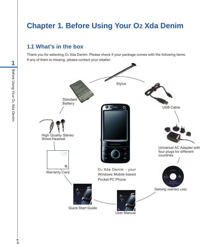6Chapter 1. Before Using Your O2 Xda Denim1.1 What&rsquo;s in the boxThank you for selecting O2 Xda Denim. Please check if your package comes with the following items.If any of them is missing, please contact your retailer.1Before Using Your O2 Xda DenimO2  Xda  D enim  -  yo ur Windows  Mobile-based Pocket PC PhoneQuick Start GuideGetting Started DiscUser ManualStylusUSB CableStandard BatteryHigh Quality Stereo Wired HeadsetUniversal AC Adapter with four plugs for different countriesWarranty Card