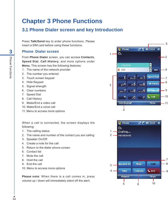 Press  Talk/Send  key  to  enter phone functions.  Please insert a SIM card before using these functions. Phone  Dialer screenFrom Phone Dialer screen, you can access Contacts, Speed Dial,  Call  History,  and  more  options  under Menu. This screen has the following features:1.  The name of the network provider2.   The number you entered3.   Touch screen keypad4.   Hide Keypad5.   Signal strength6.   Clear numbers 7.   Speed Dial8.  Call History9.   Make/End a video call10. Make/End a voice call11. Menu to access more optionsWhen  a  call  is  connected,  the  screen  displays  the following:1.  The calling status2.  The name and number of the contact you are calling3.   Speaker On/Off4.   Create a note for the call5.   Return to the dialer phone screen6.   Contact list7.   Mute the call8.   Hold the call9.   End the call10. Menu to access more optionsPlease note:  When  there  is  a  call  c omes  in,  press volume up / down will immediately silent off the alert.12345610789Chapter 3 Phone Functions3.1 Phone Dialer screen and key Introduction323Phone Functions4678123591110